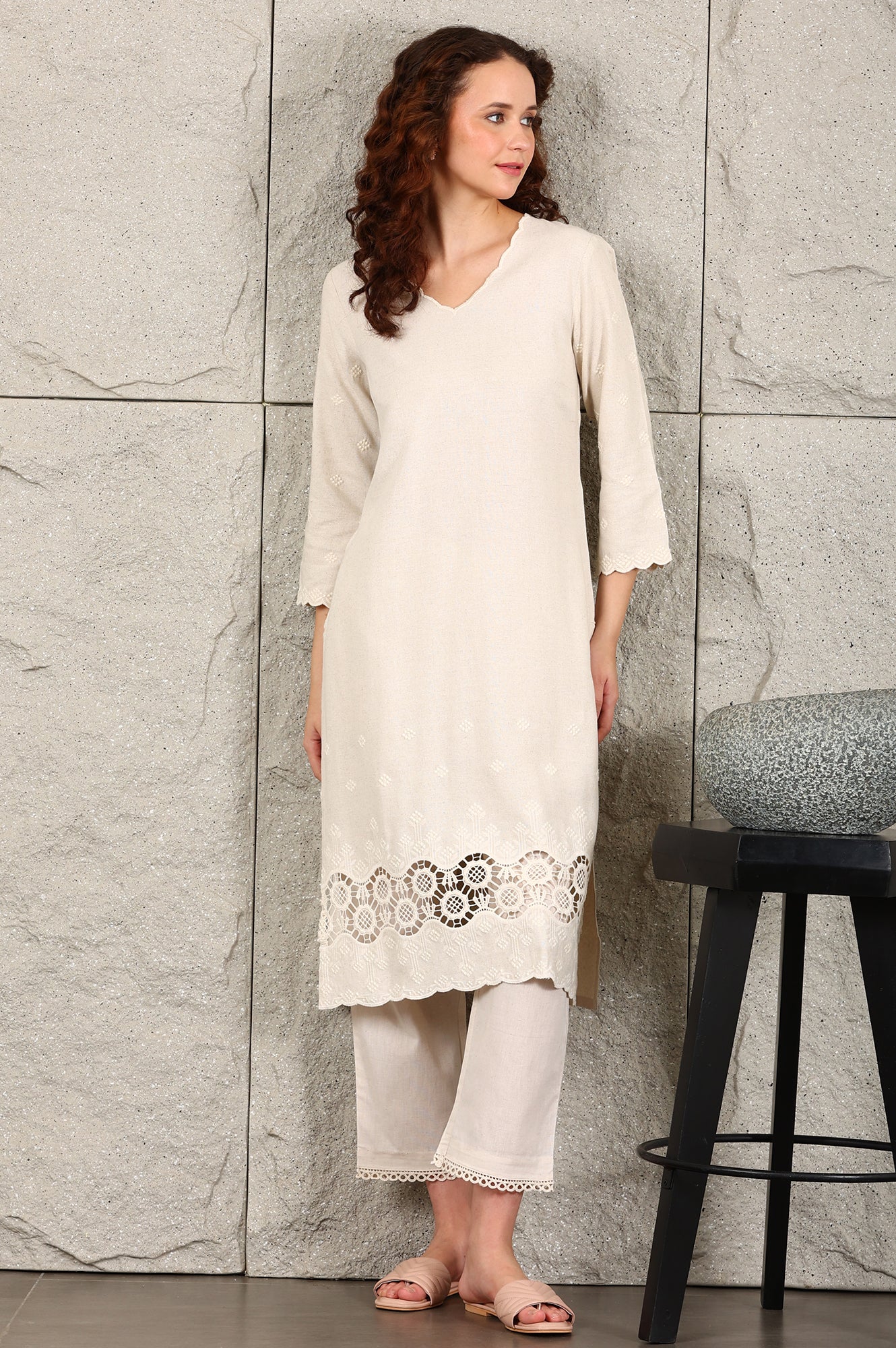 Light Beige Thread Embroidered Linen Rayon Crepe Straight Kurta And Pants Set - Image 6