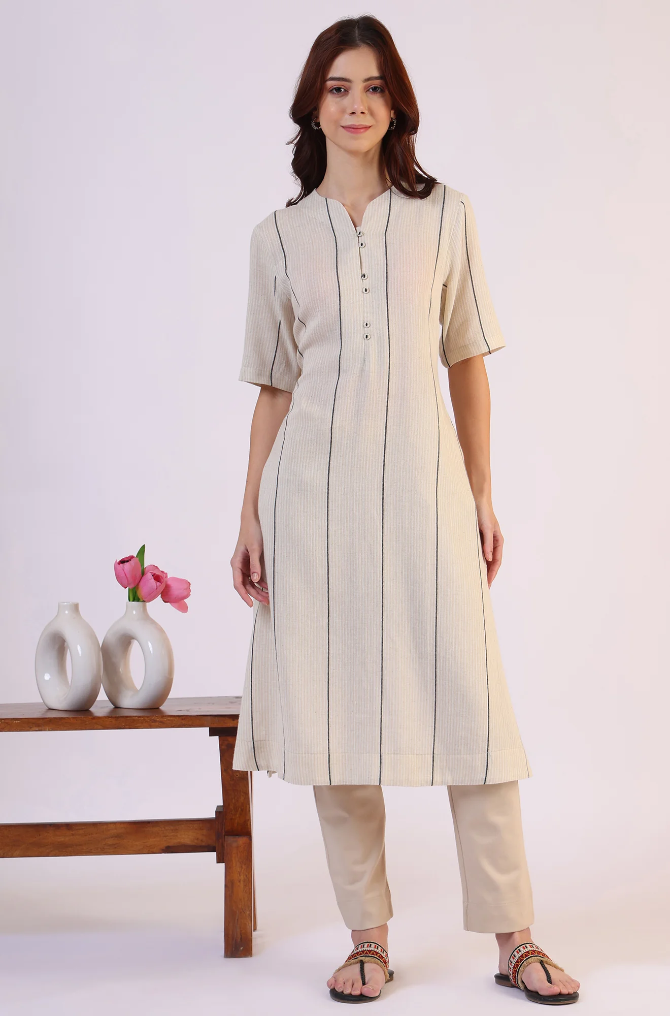Light Beige Yarn Dyed Striped Short Sleeves Cotton Blend Kurta - Image 2