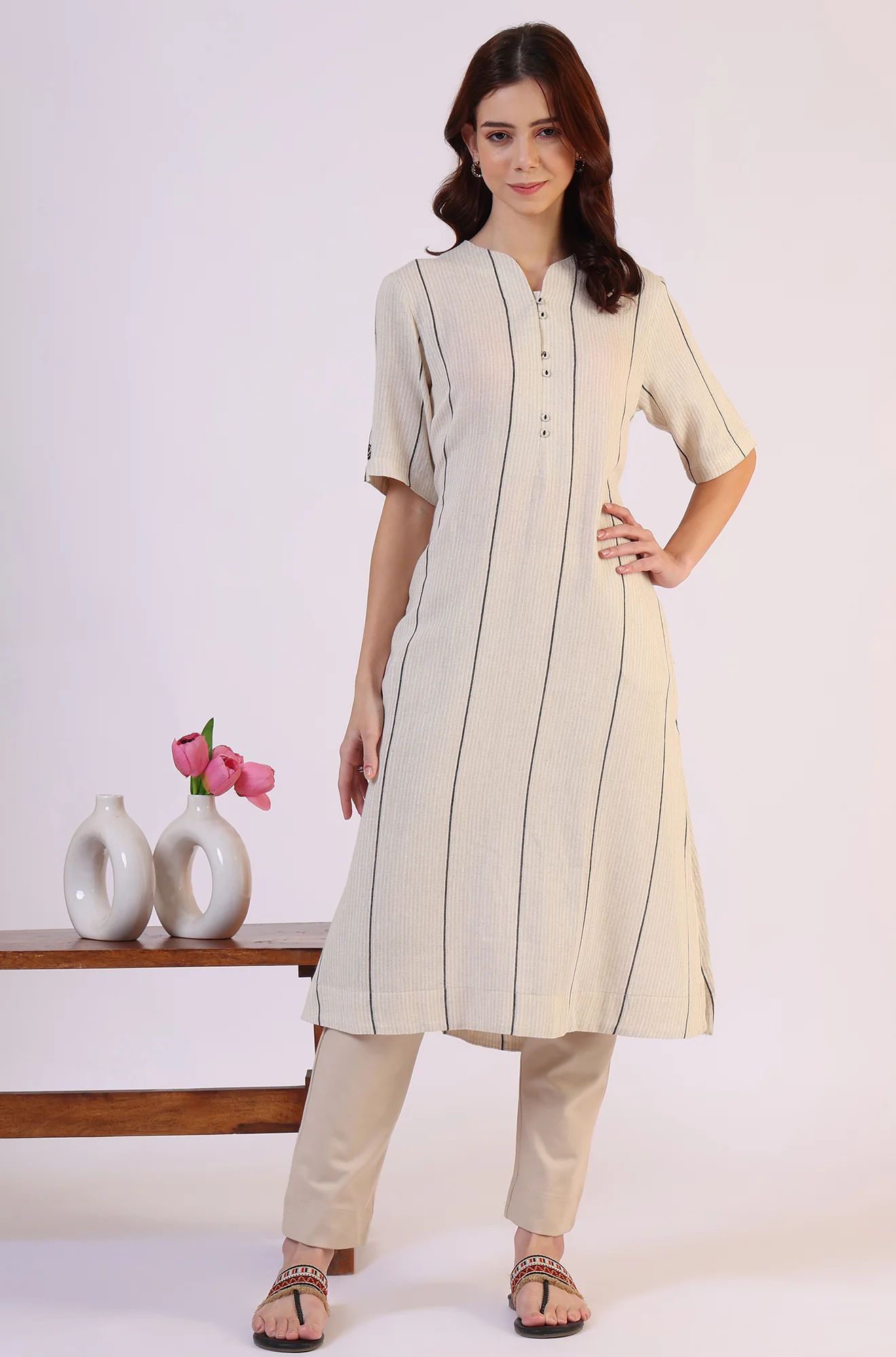 Light Beige Yarn Dyed Striped Short Sleeves Cotton Blend Kurta - Image 3