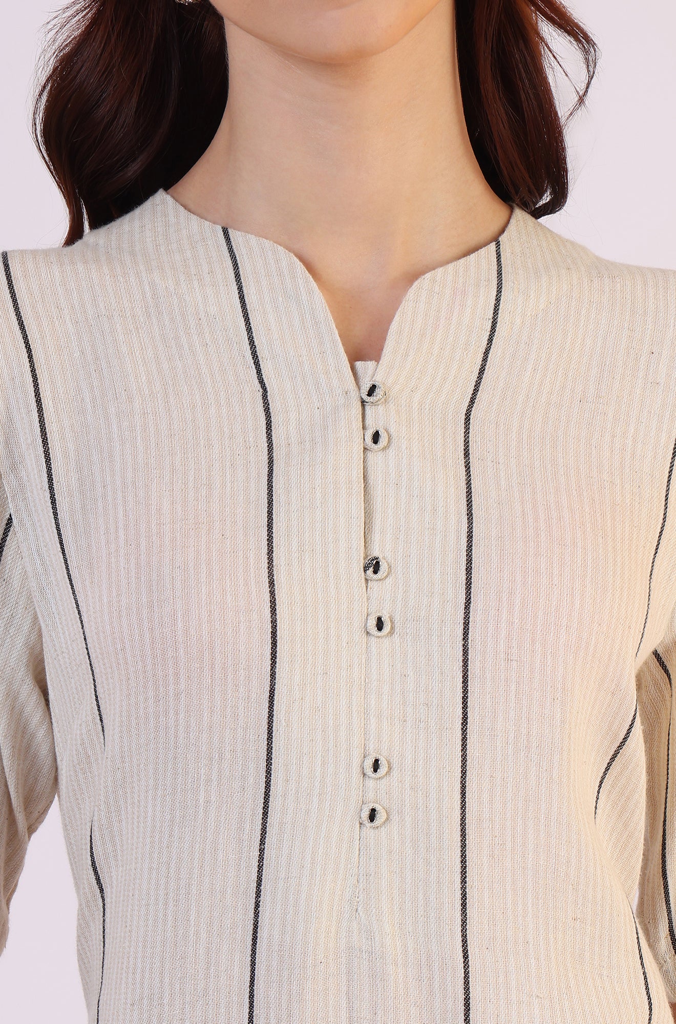 Light Beige Yarn Dyed Striped Short Sleeves Cotton Blend Kurta - Image 4