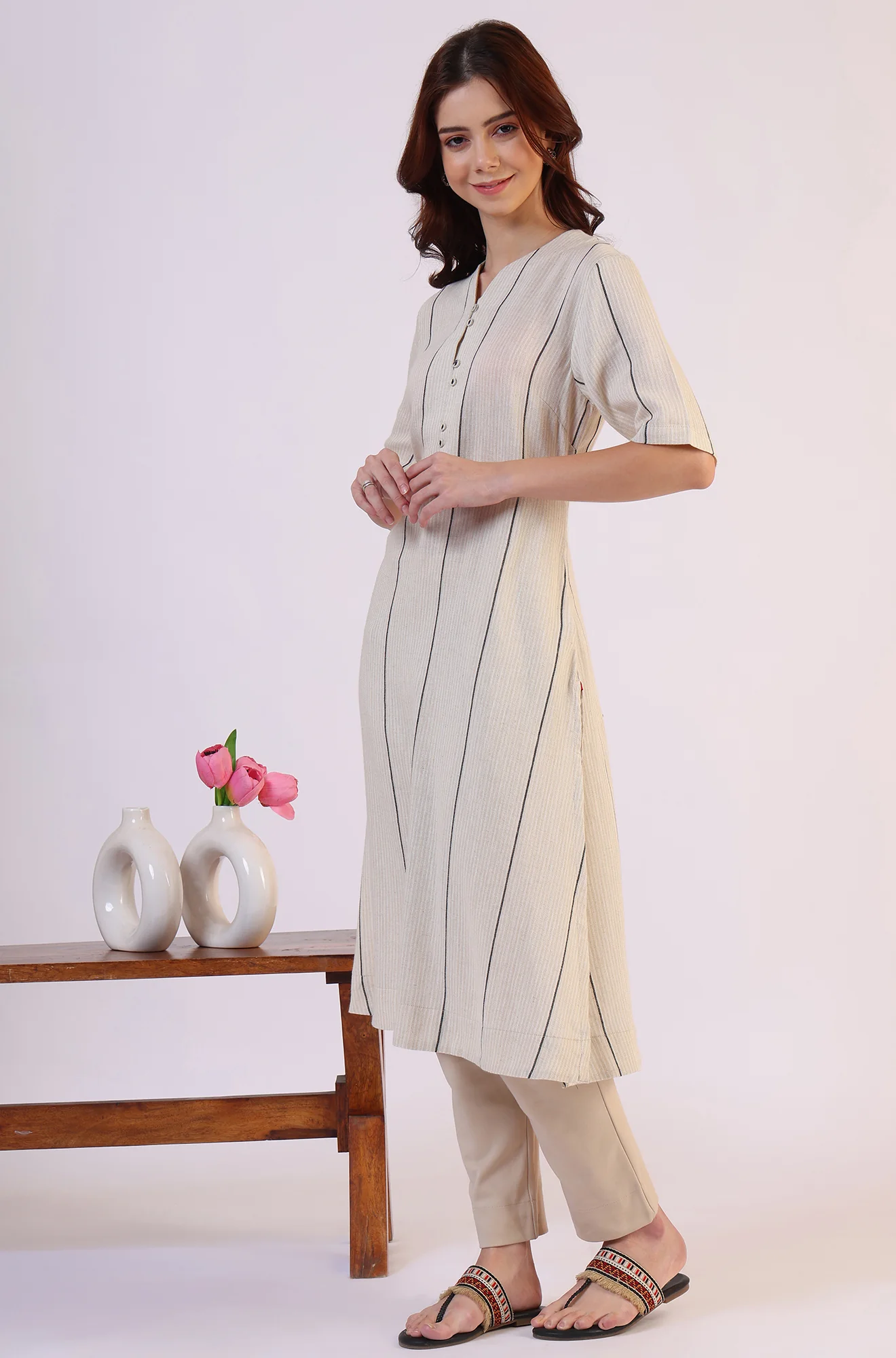 Light Beige Yarn Dyed Striped Short Sleeves Cotton Blend Kurta - Image 5