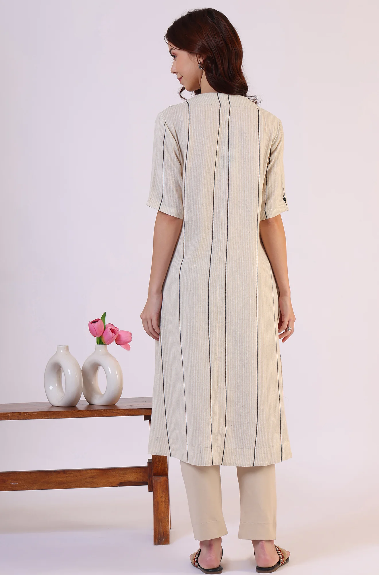 Light Beige Yarn Dyed Striped Short Sleeves Cotton Blend Kurta - Image 6
