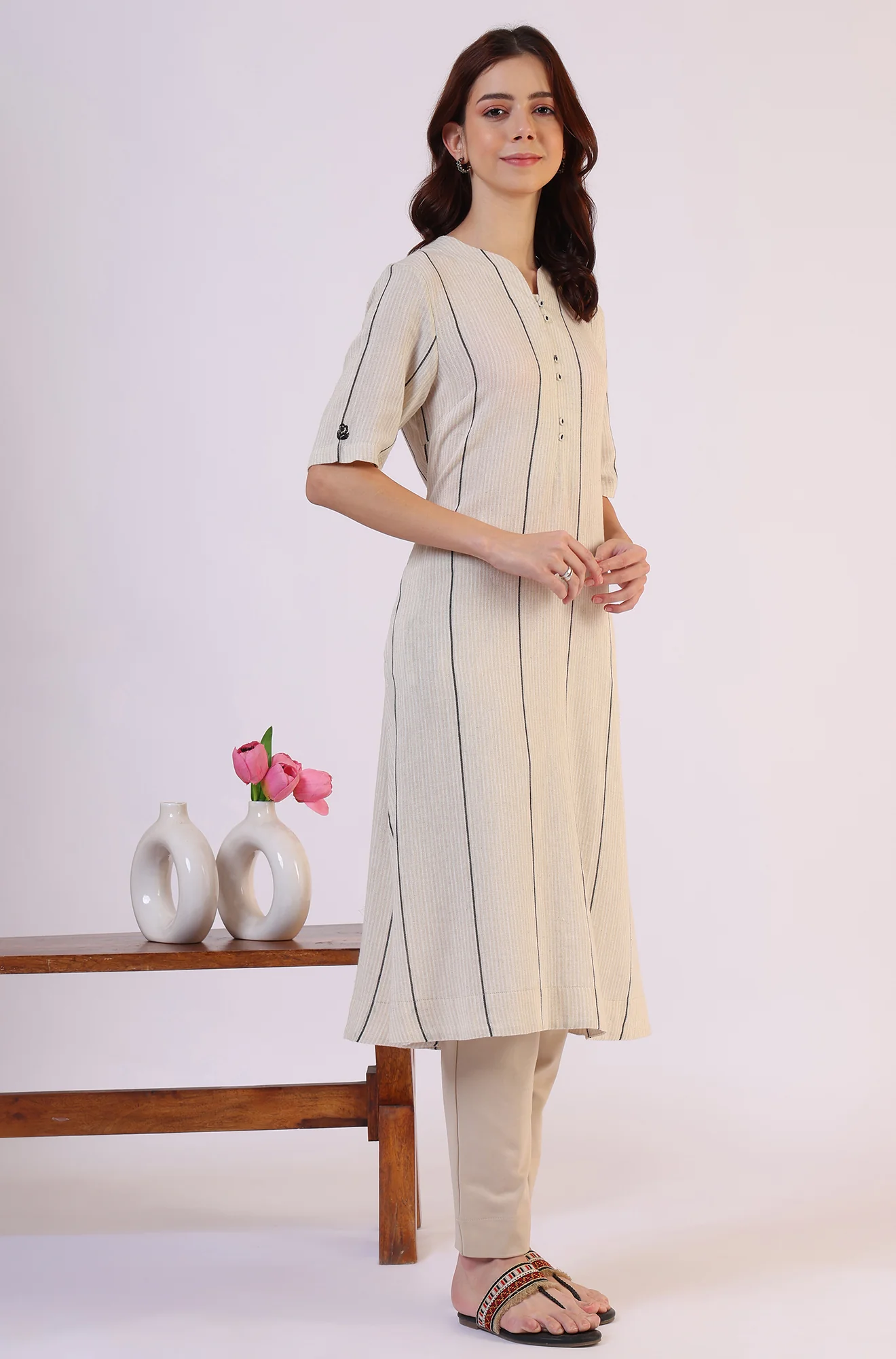 Light Beige Yarn Dyed Striped Short Sleeves Cotton Blend Kurta - Image 7