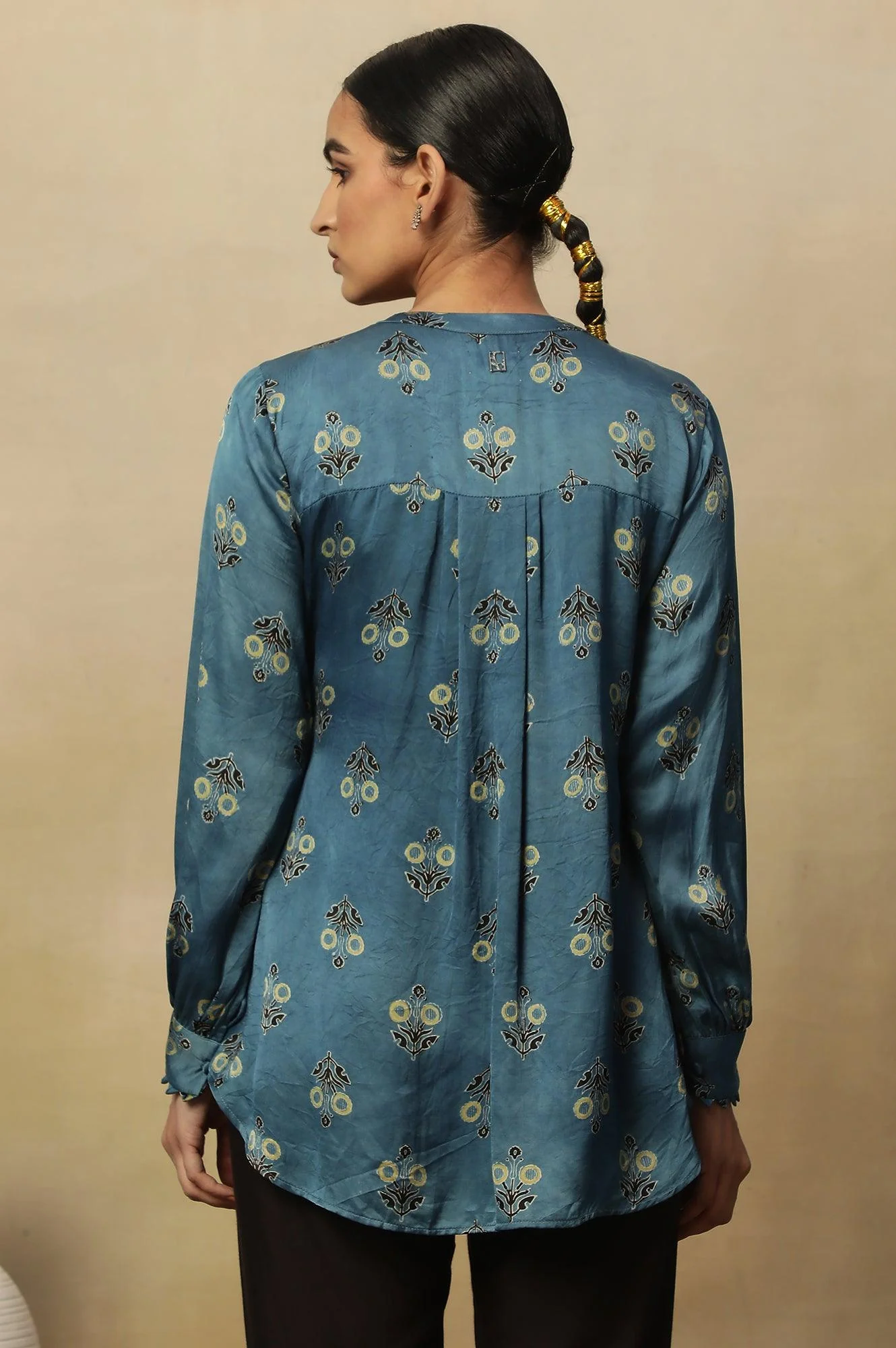 Light Blue Ajrakh Print Top In Lustrous Satin - Image 3