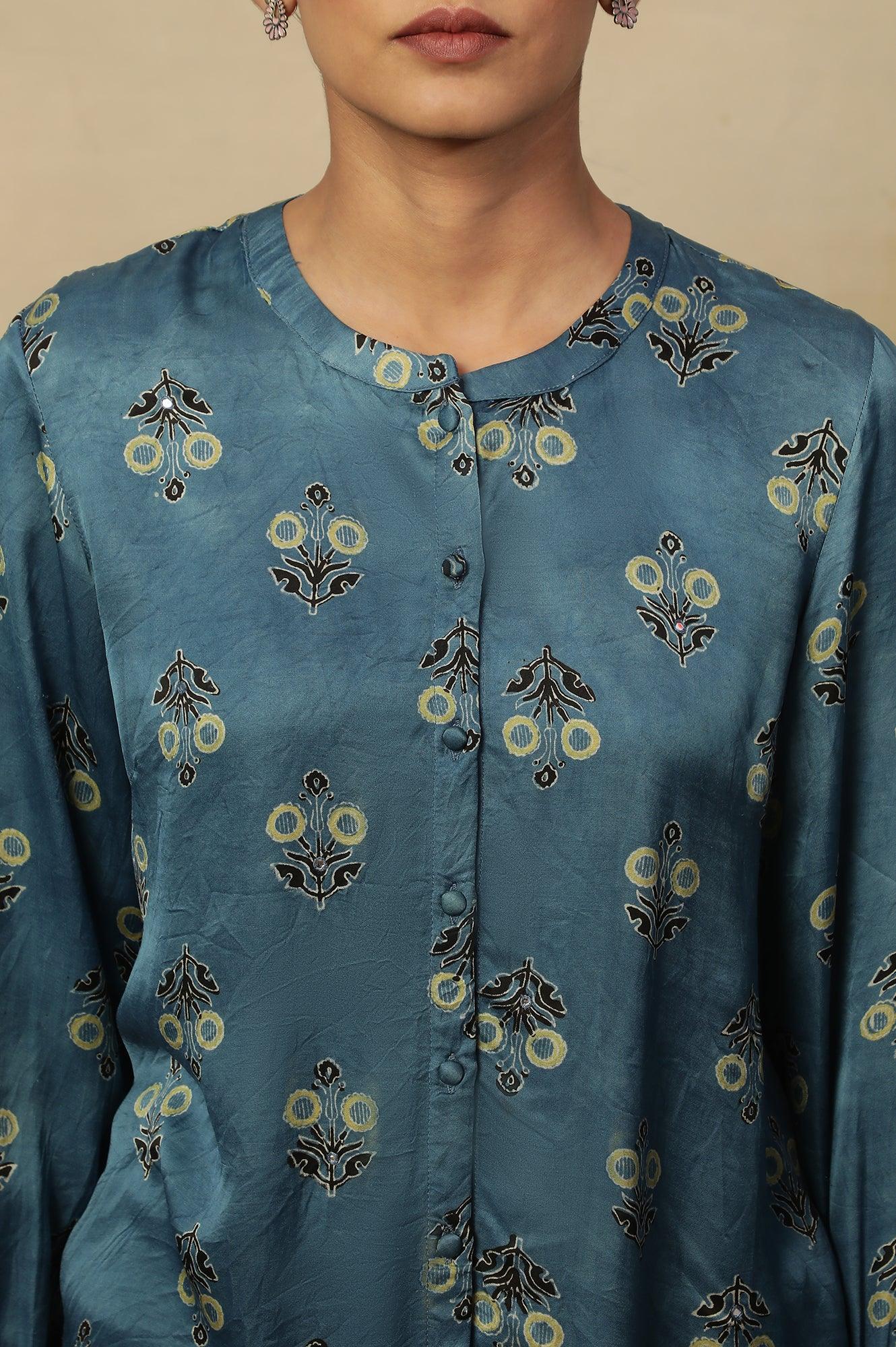 Light Blue Ajrakh Print Top In Lustrous Satin - Image 6