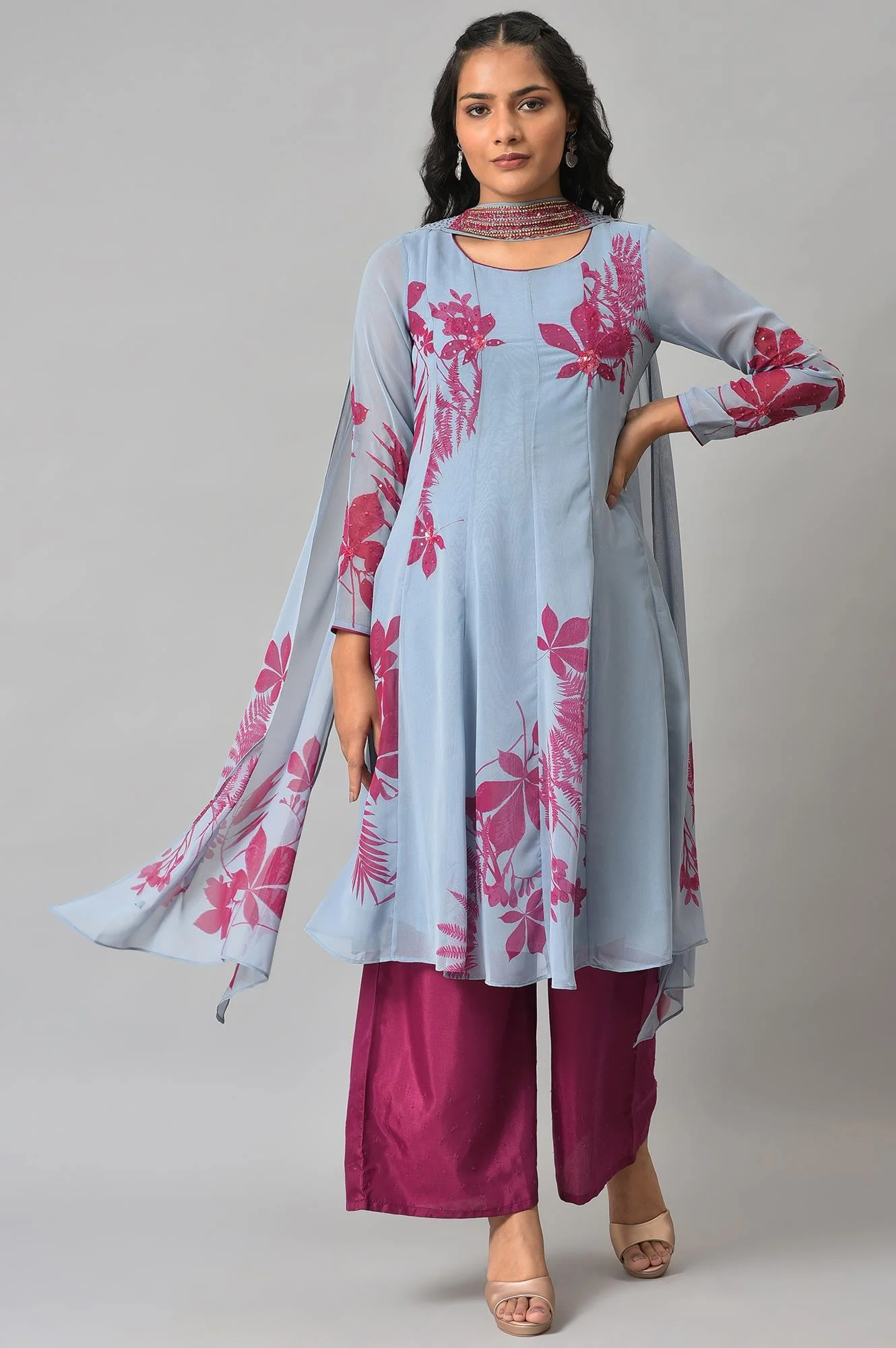 Light Blue Anarkali kurta With Pants And Predrape - Image 11