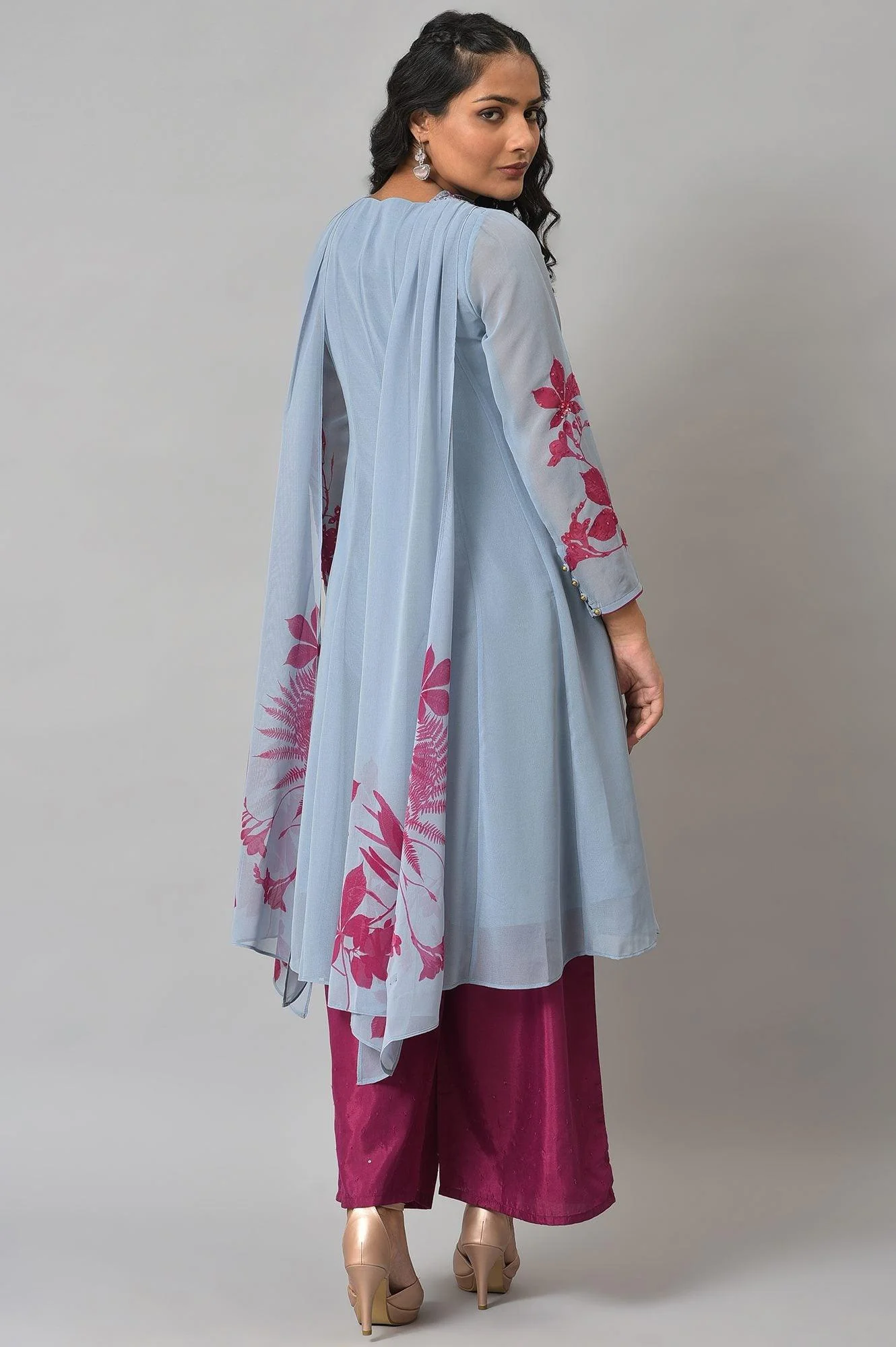 Light Blue Anarkali kurta With Pants And Predrape - Image 2