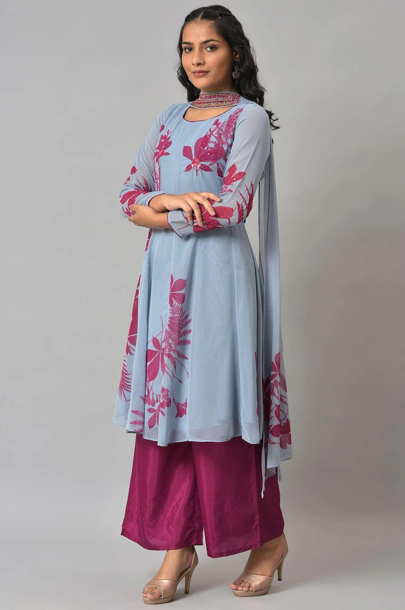 Light Blue Anarkali kurta With Pants And Predrape - Image 3