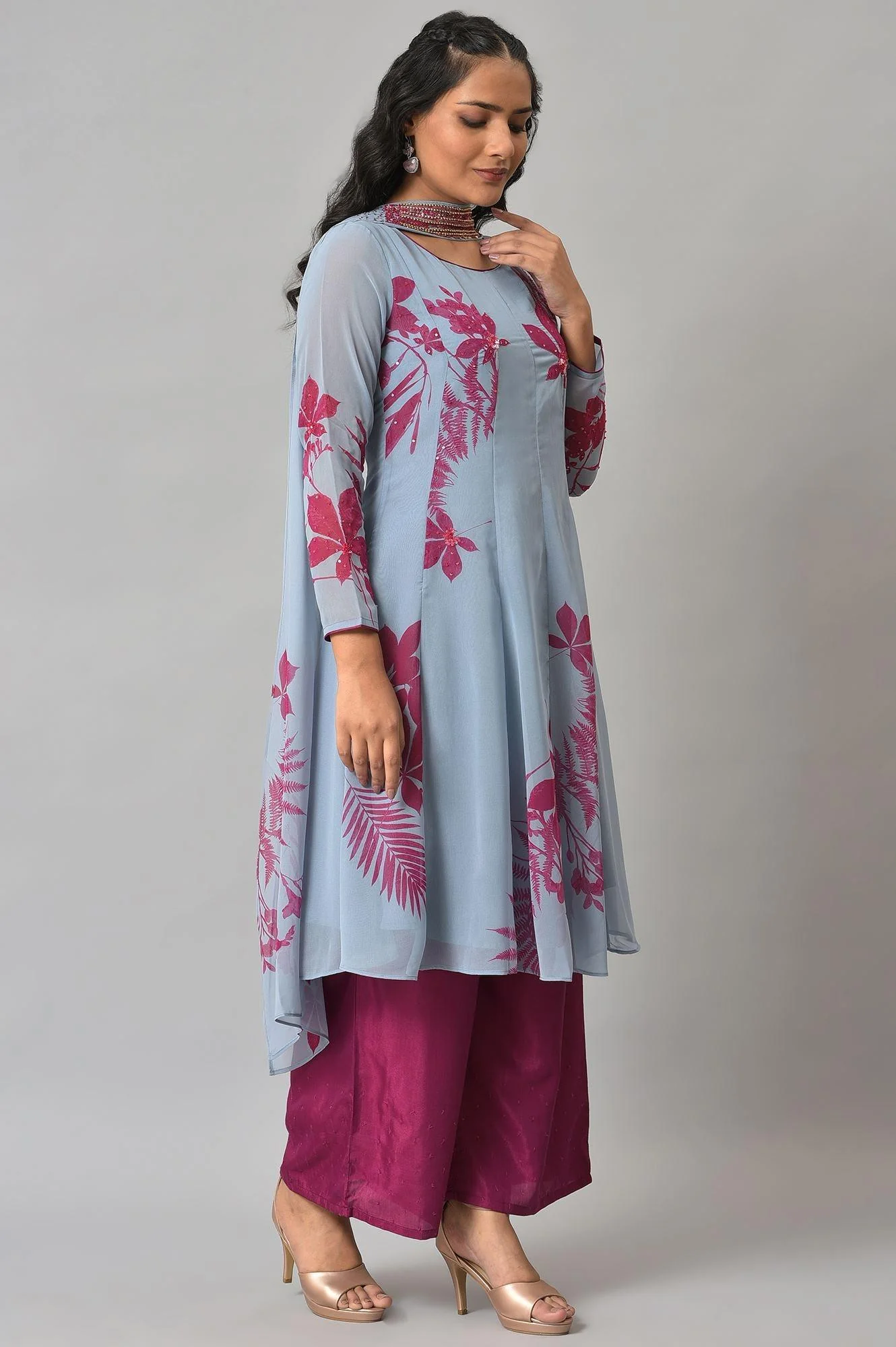 Light Blue Anarkali kurta With Pants And Predrape - Image 4