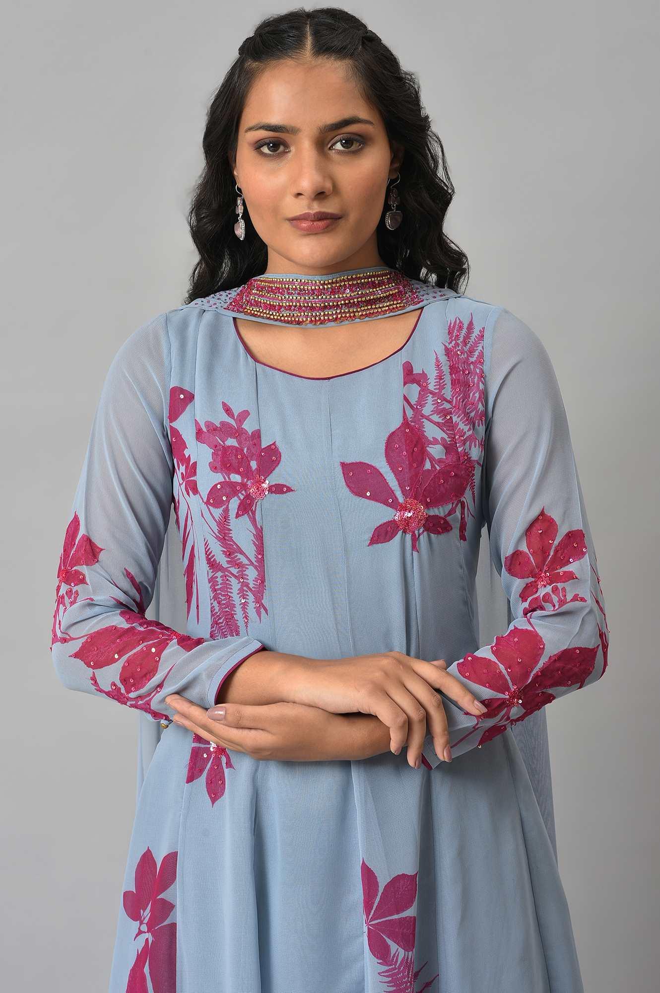 Light Blue Anarkali kurta With Pants And Predrape - Image 5