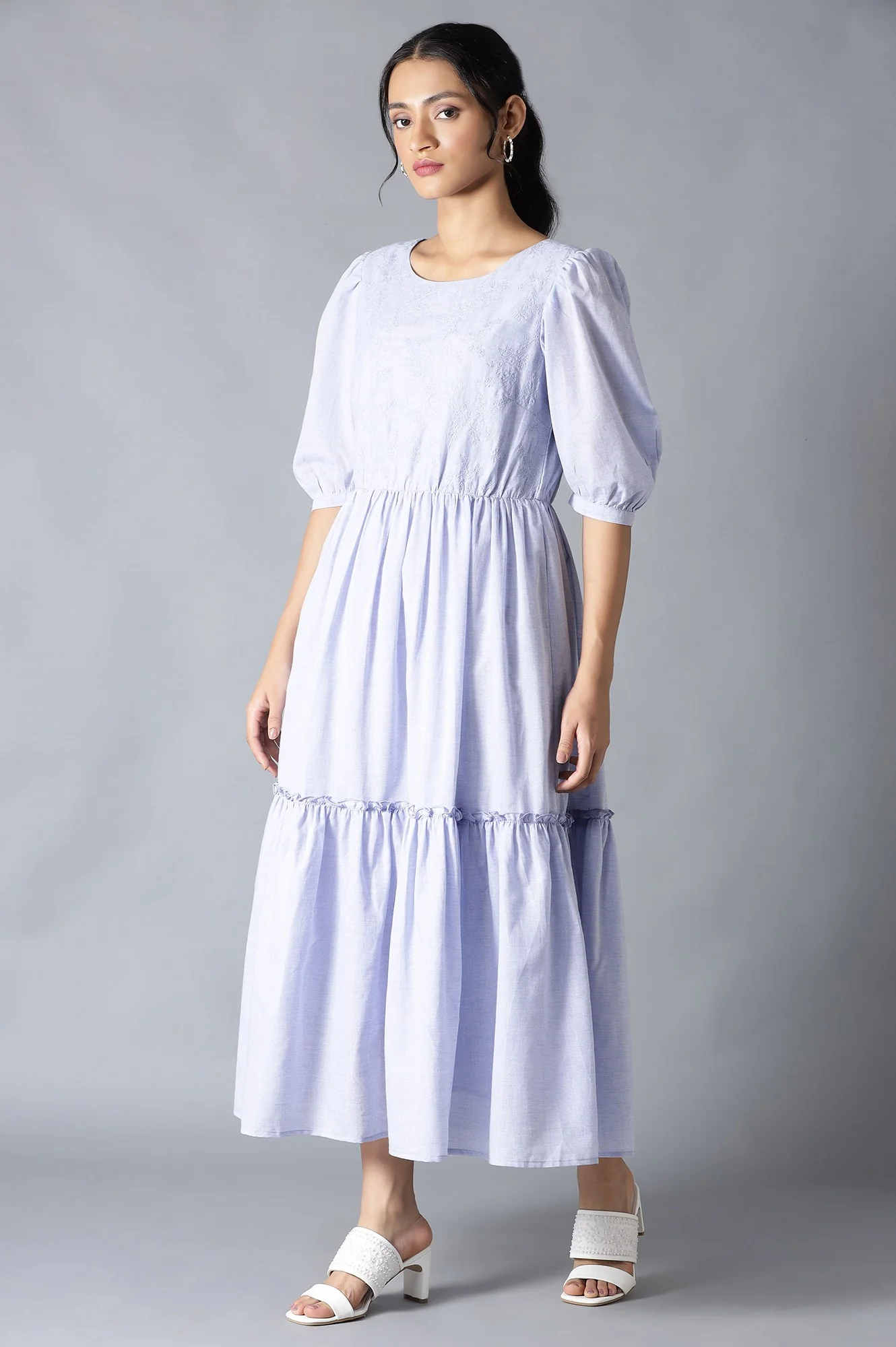 Light Blue Chambray Embroidered Tiered Dress - Image 3