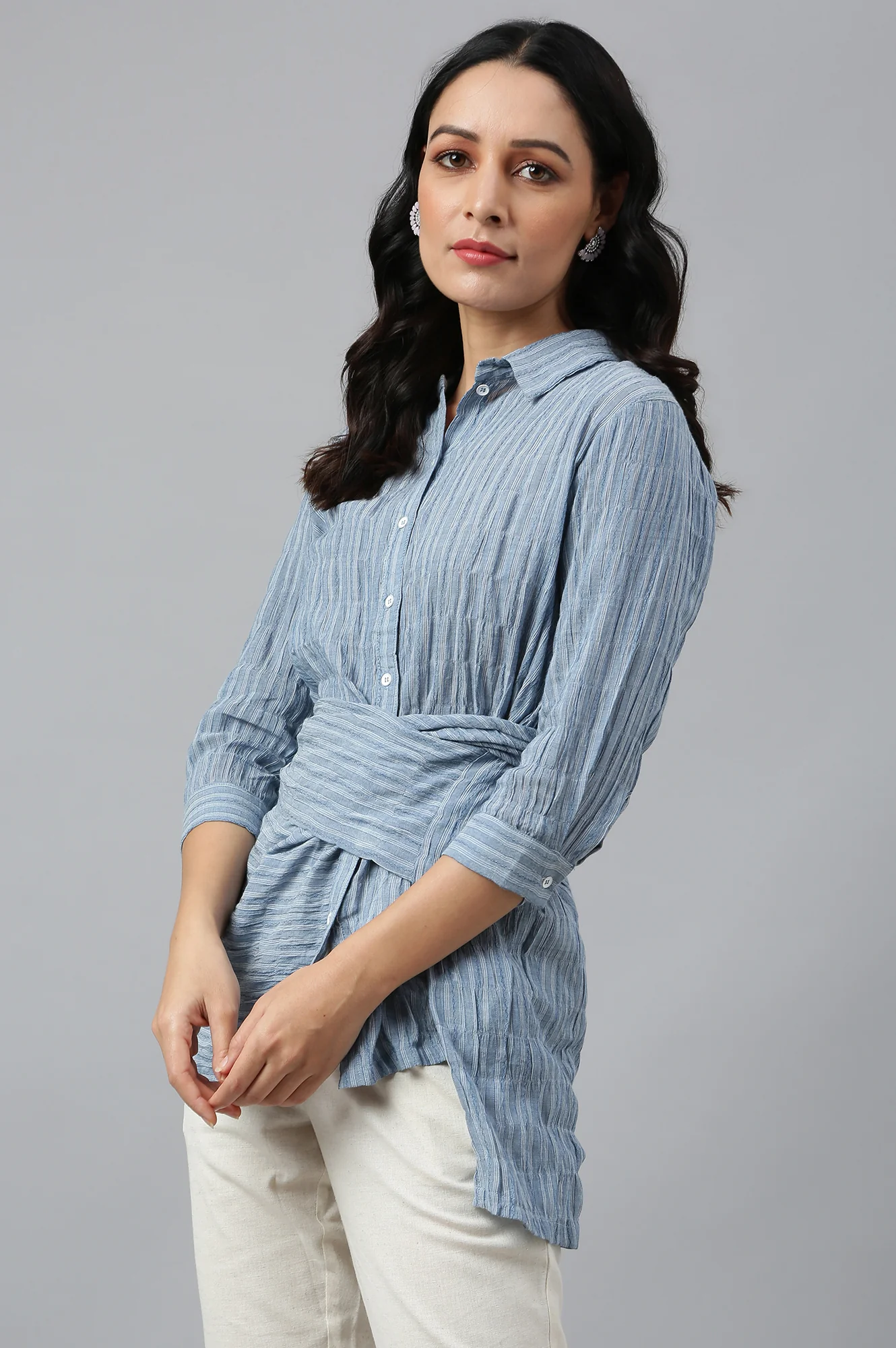 Light Blue Cotton Stripes Shirt With Front Knot - Image 3