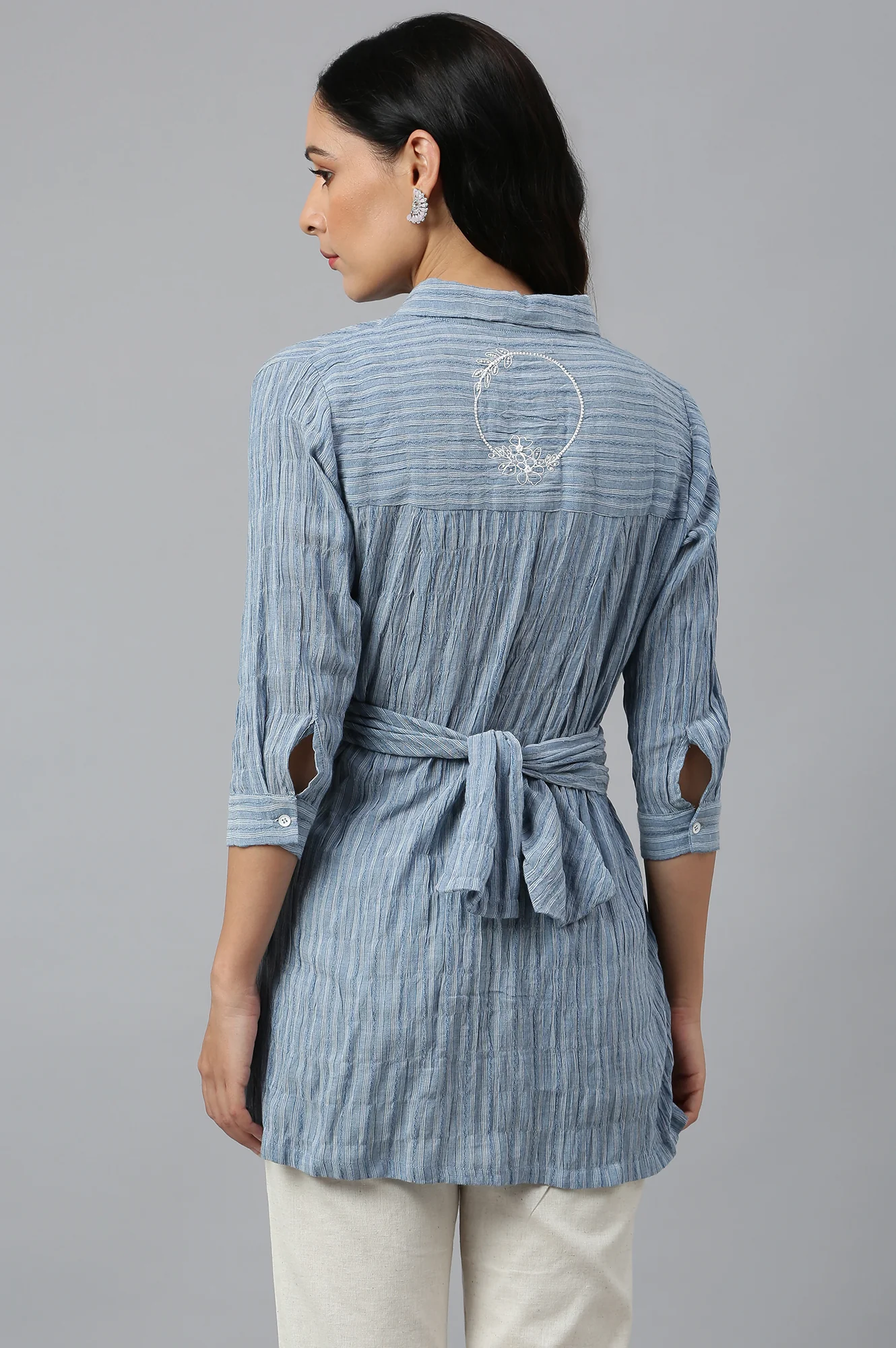 Light Blue Cotton Stripes Shirt With Front Knot - Image 4