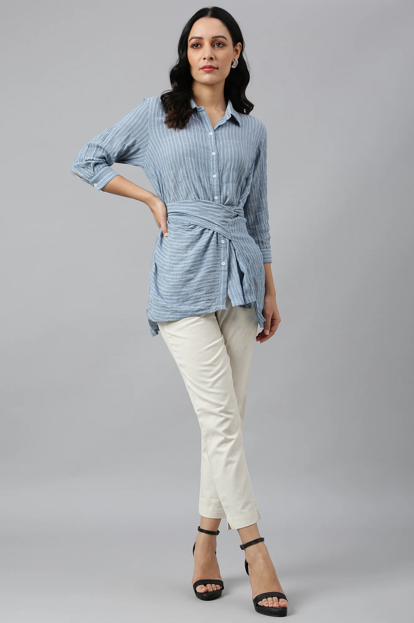 Light Blue Cotton Stripes Shirt With Front Knot - Image 5