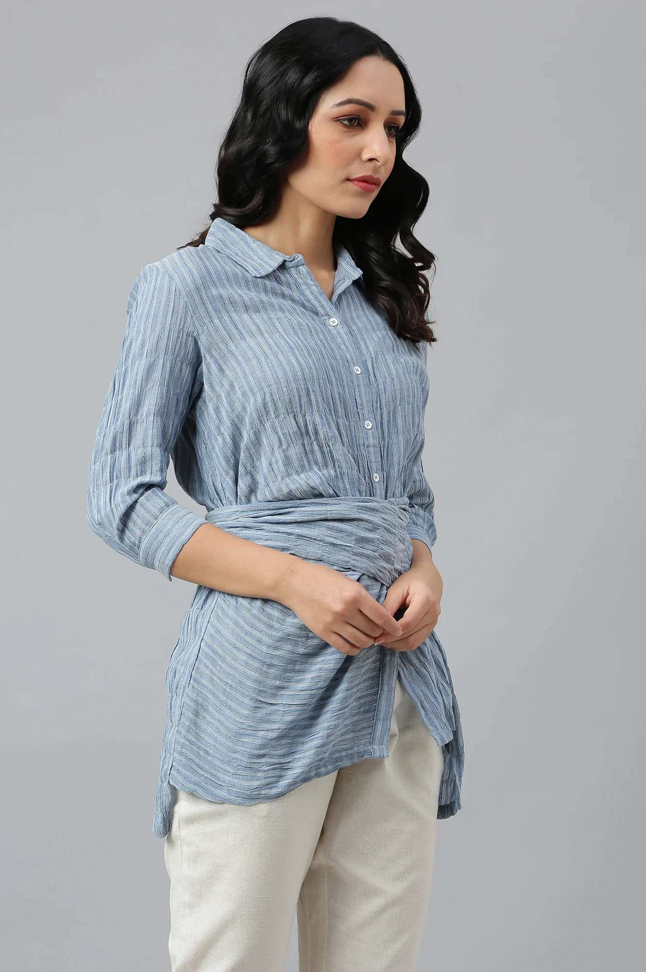 Light Blue Cotton Stripes Shirt With Front Knot - Image 6
