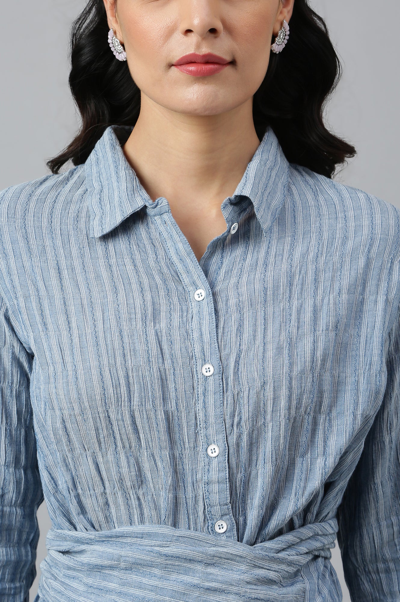 Light Blue Cotton Stripes Shirt With Front Knot - Image 8