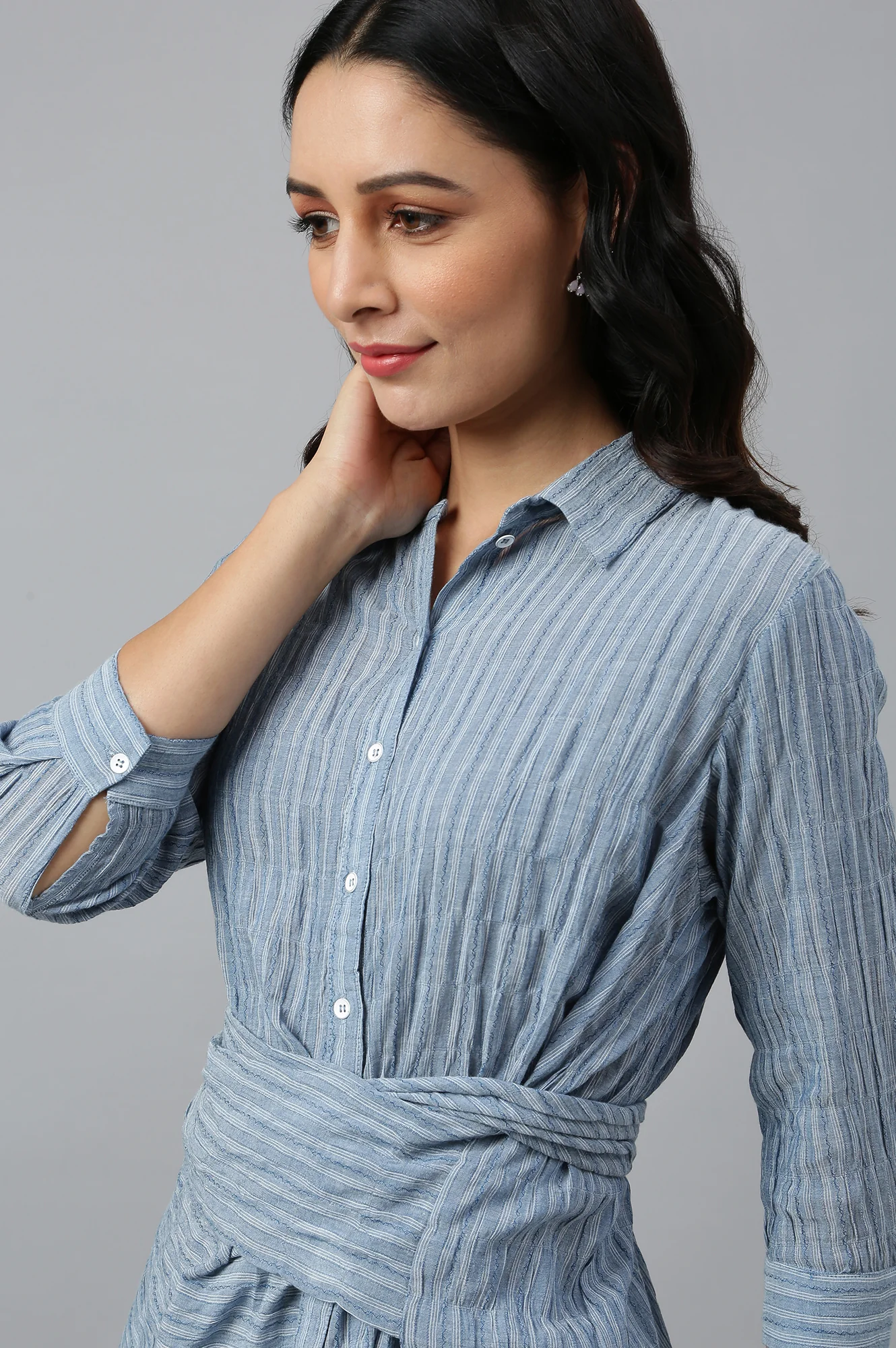 Light Blue Cotton Stripes Shirt With Front Knot - Image 9