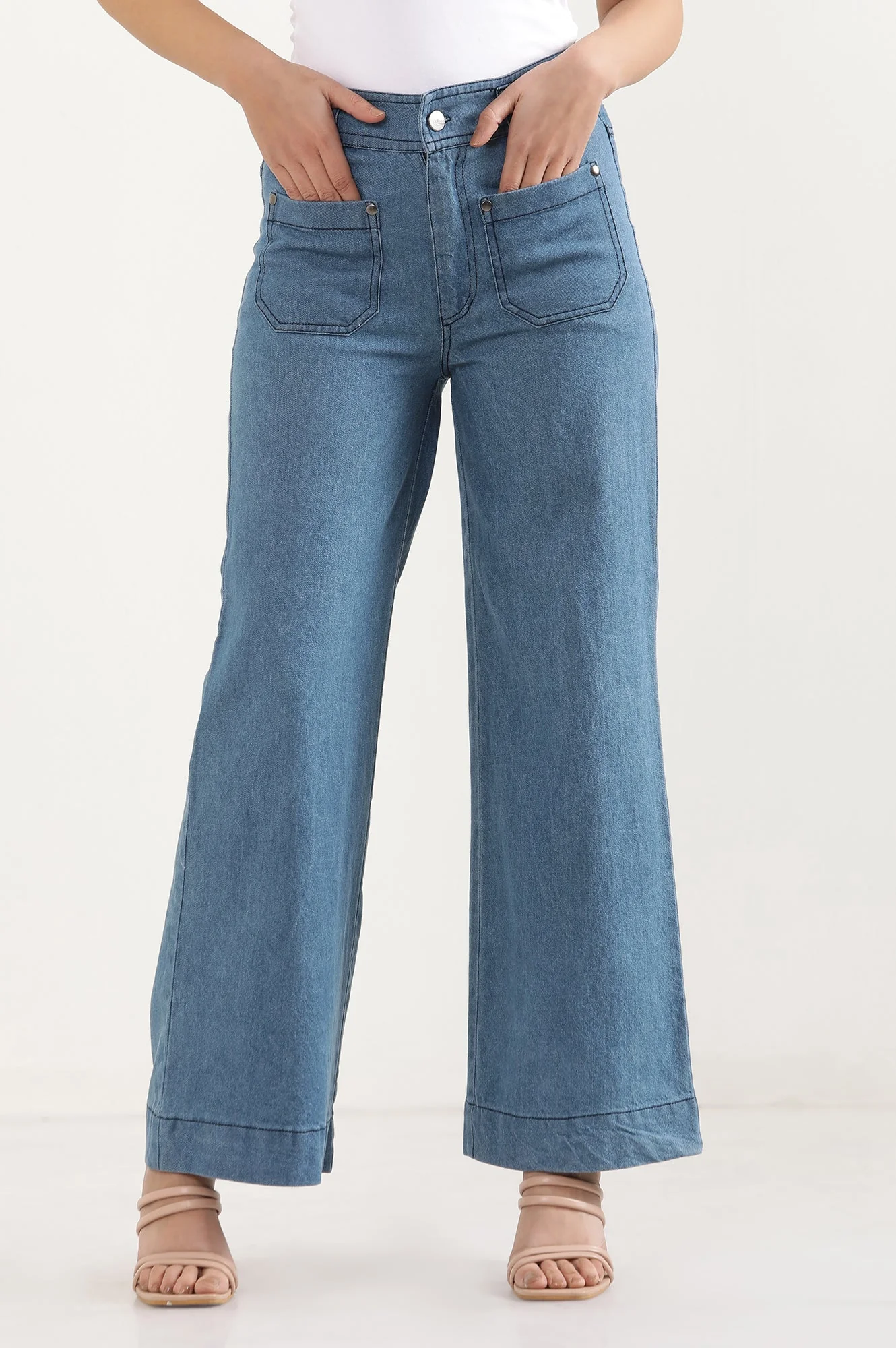 Elleven Women's Light Blue Solid Flared Denim Pants With Button Detail - Image 2