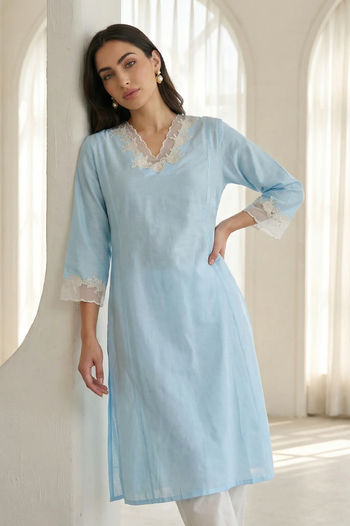 Light Blue Embroidered A-line Kurta