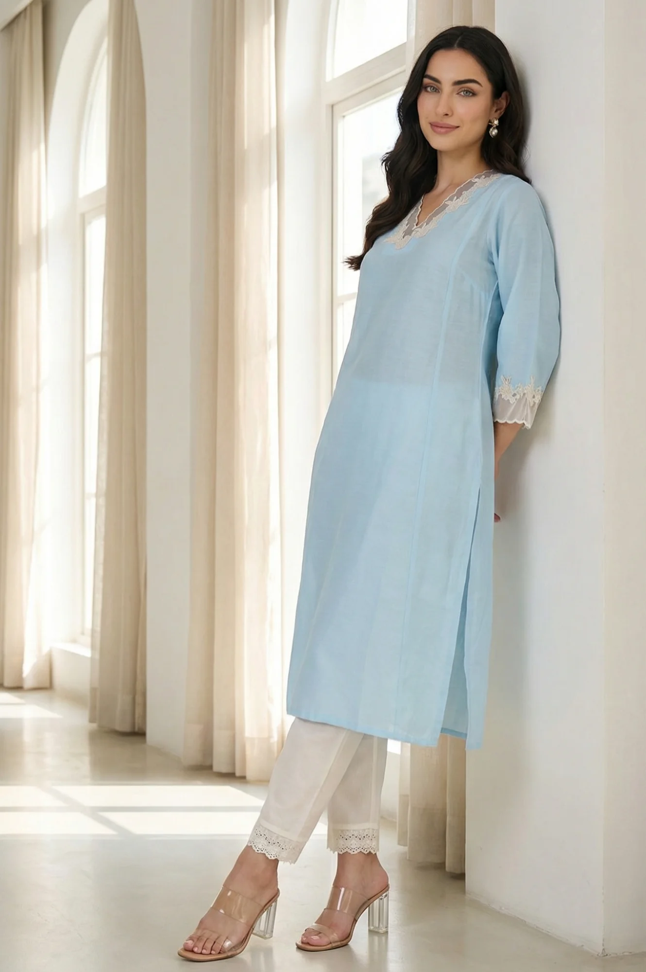 Light Blue Embroidered A-line Kurta - Image 3