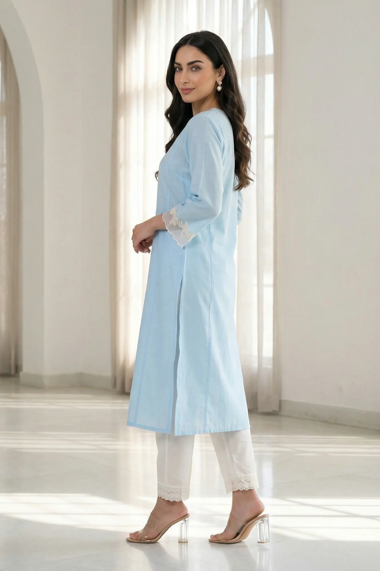 Light Blue Embroidered A-line Kurta - Image 4