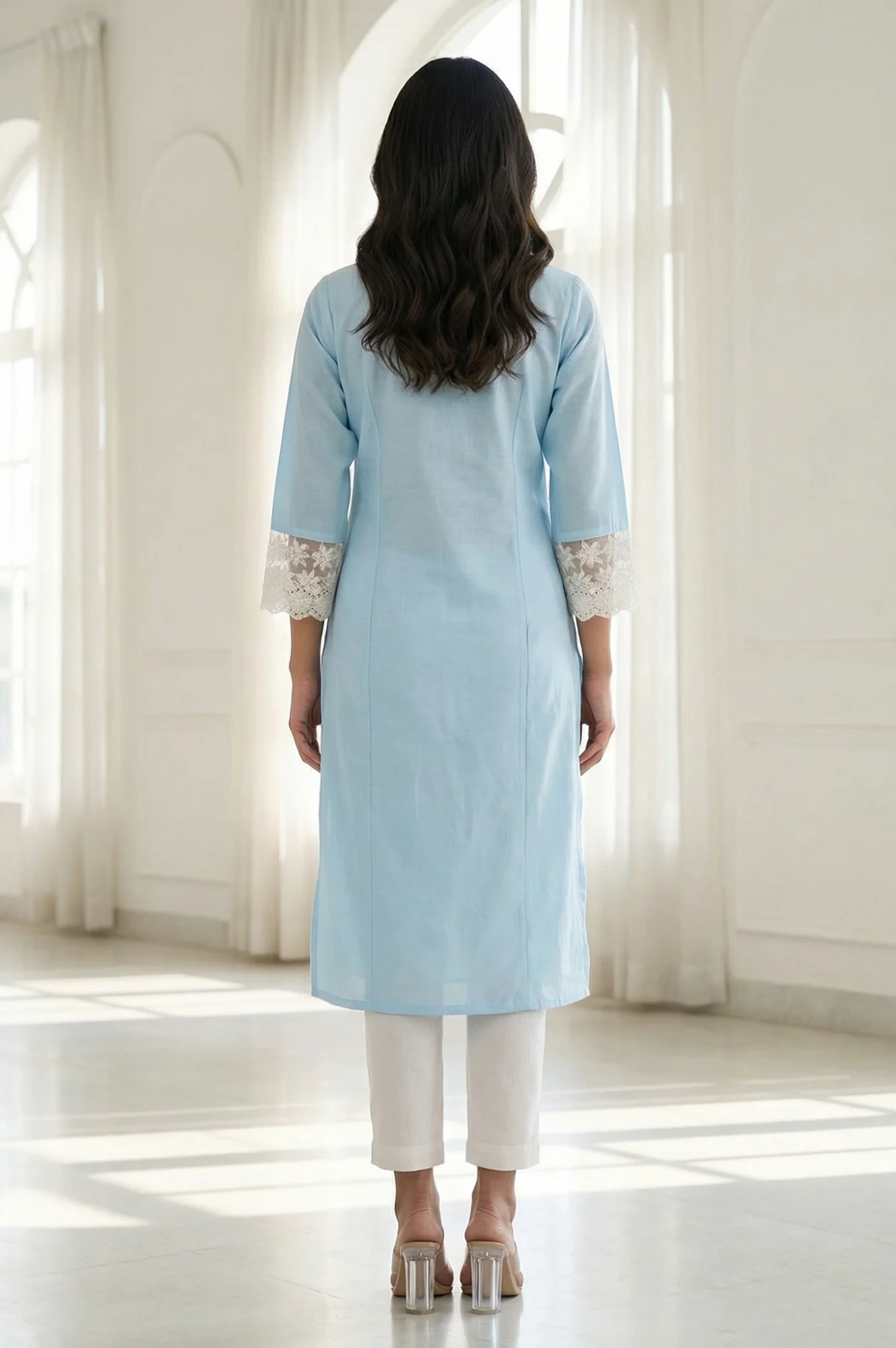 Light Blue Embroidered A-line Kurta - Image 5