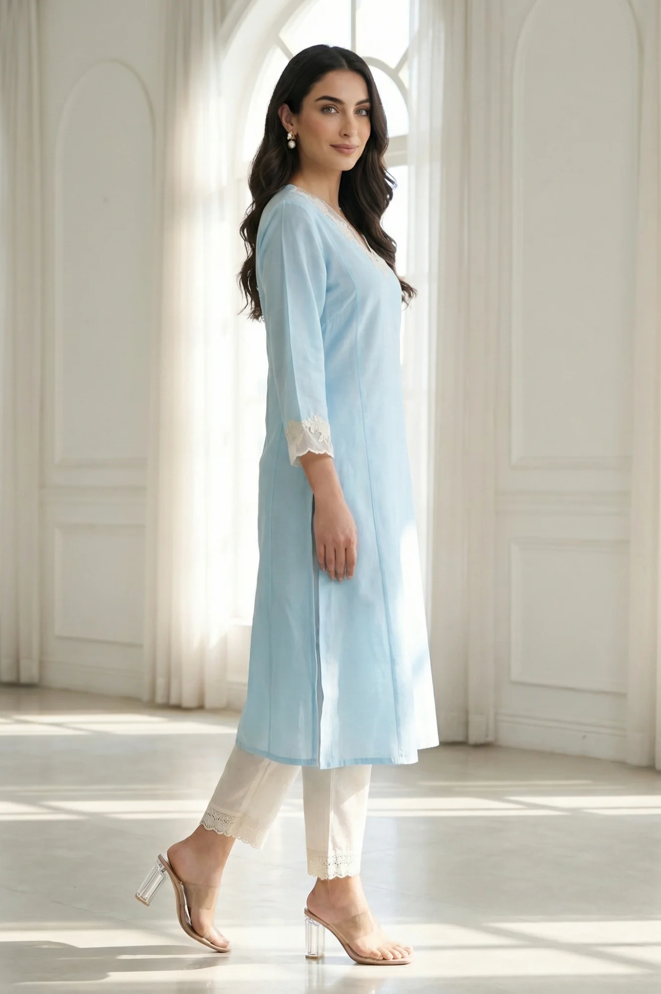 Light Blue Embroidered A-line Kurta - Image 6