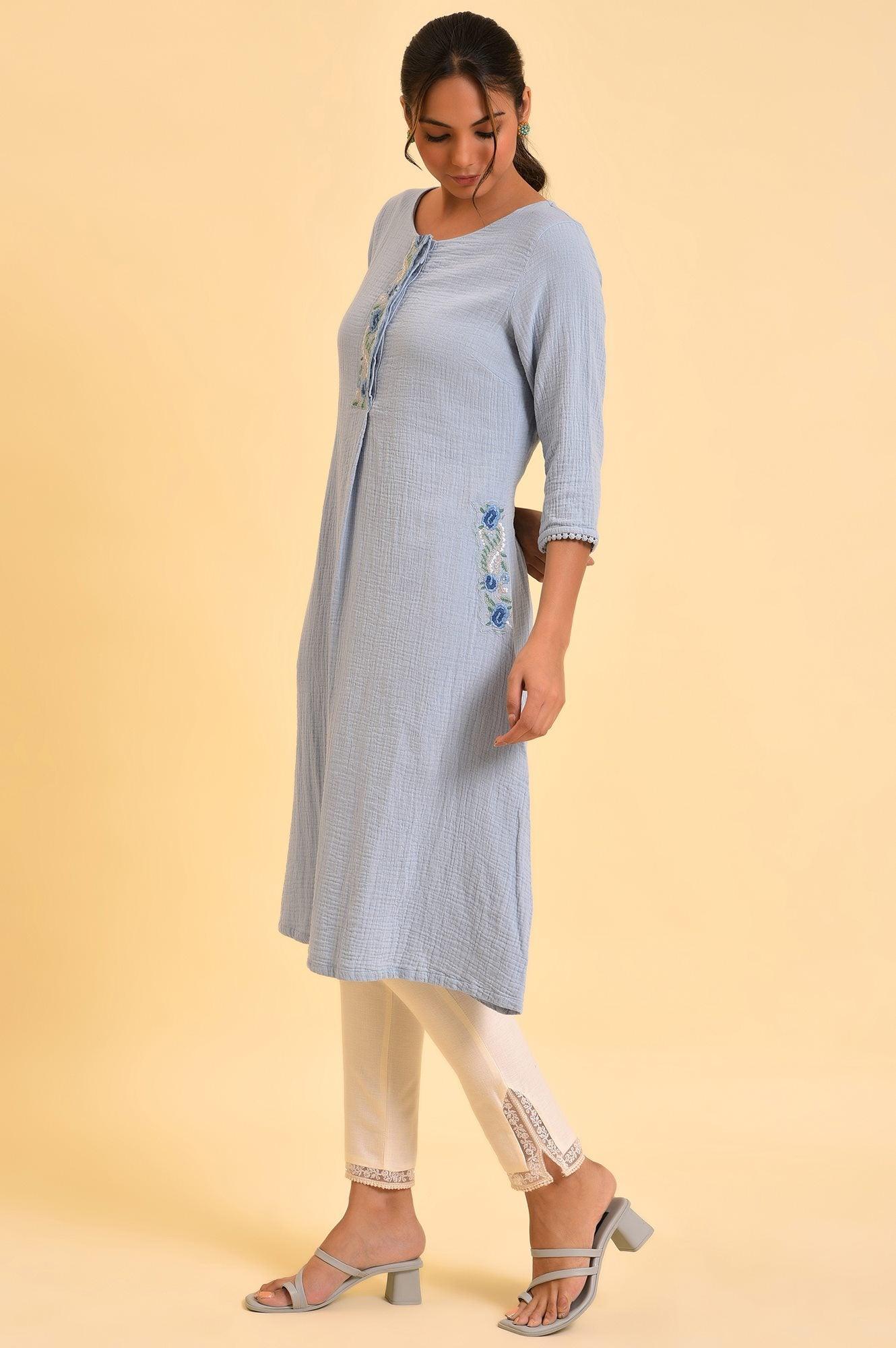 Light Blue Embroidered Cotton Summer kurta - Image 3