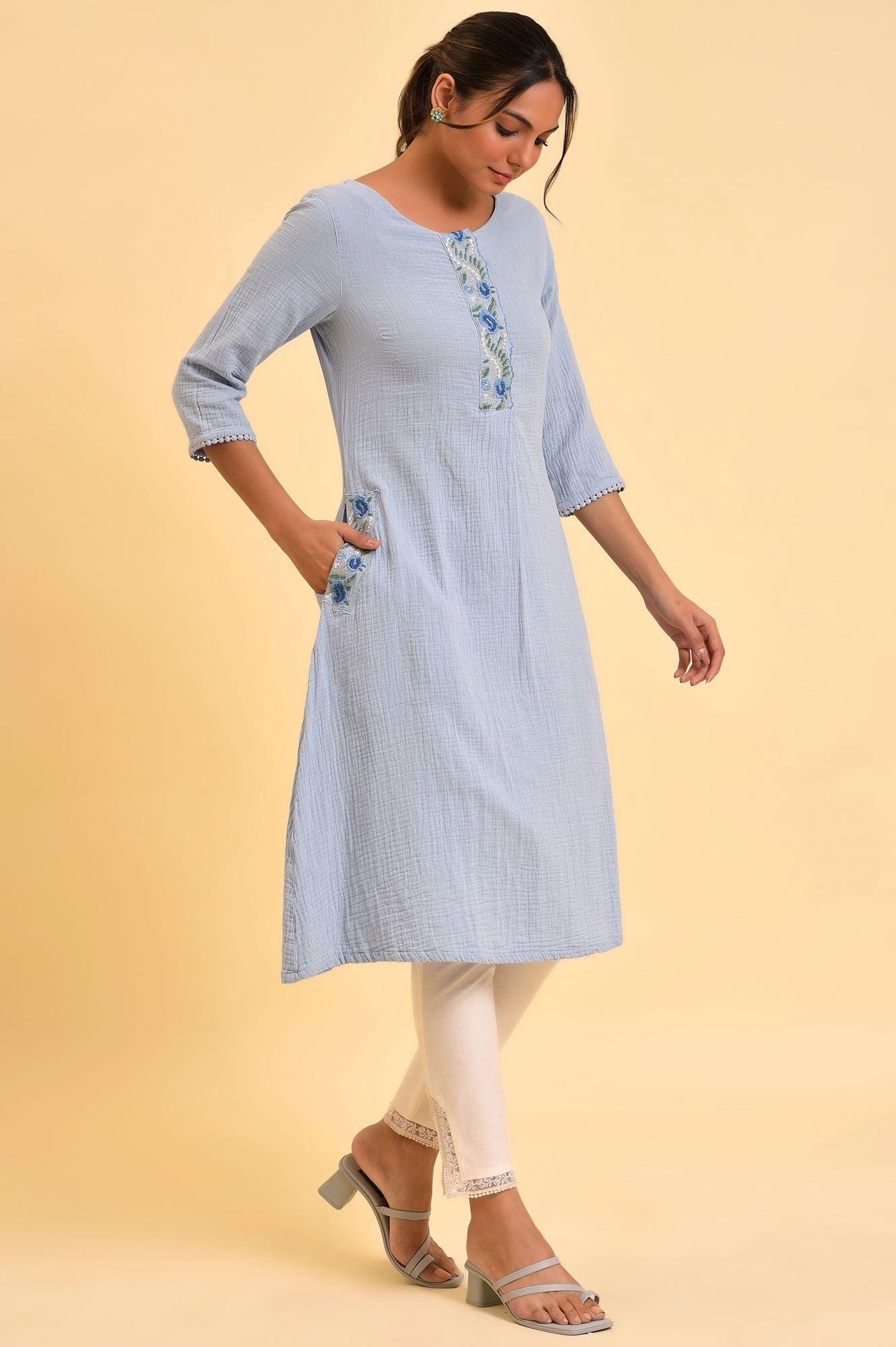Light Blue Embroidered Cotton Summer kurta - Image 4