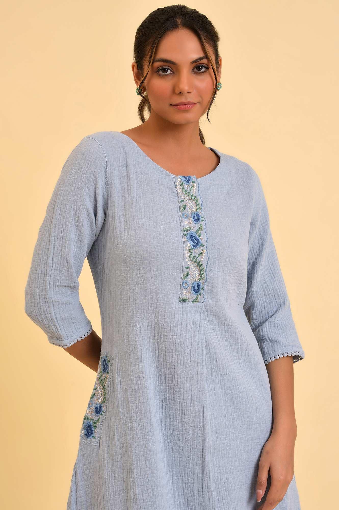 Light Blue Embroidered Cotton Summer kurta - Image 5