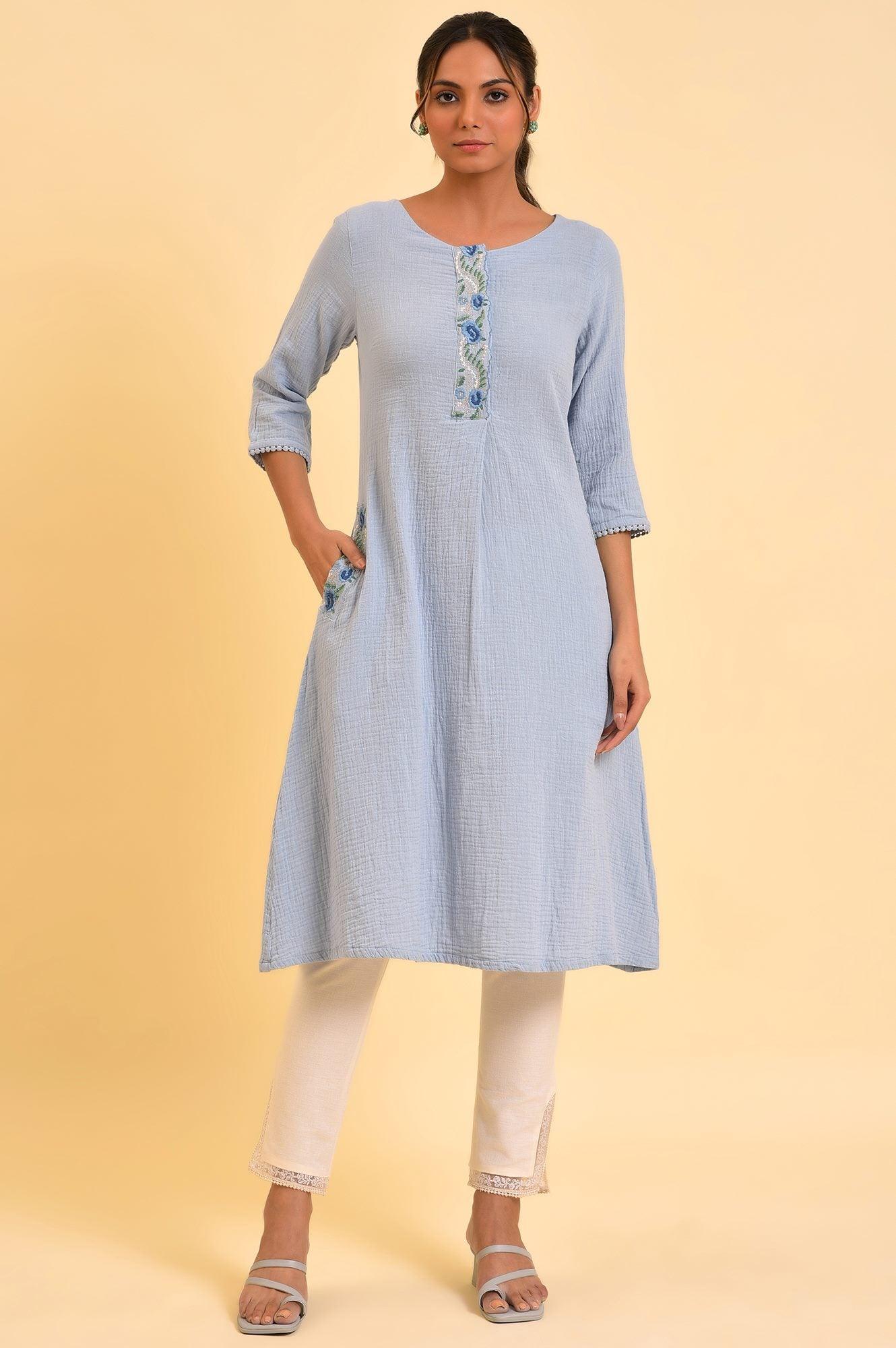 Light Blue Embroidered Cotton Summer kurta - Image 6