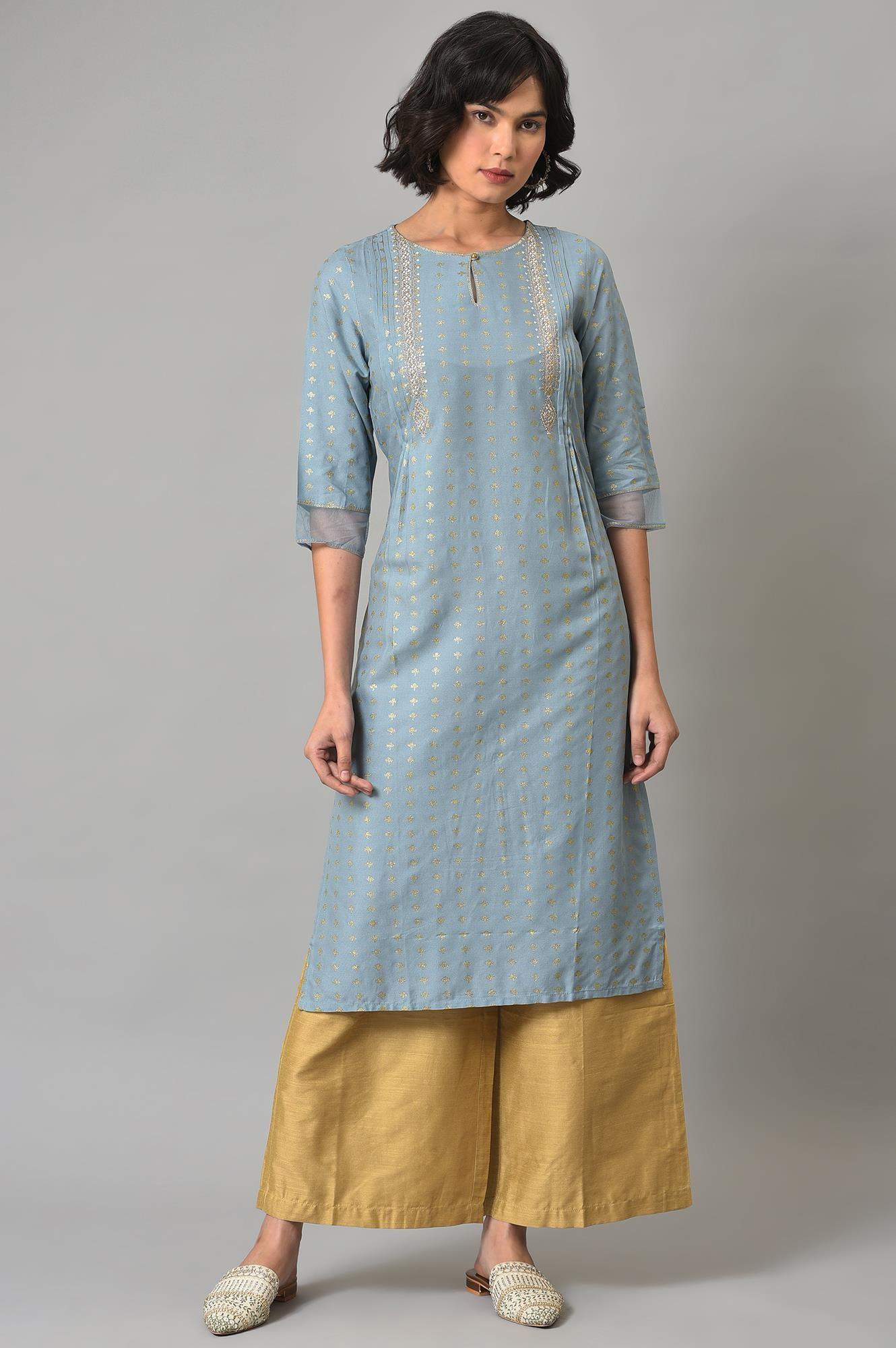 Light Blue Embroidered kurta With Gold Parallel Pants
