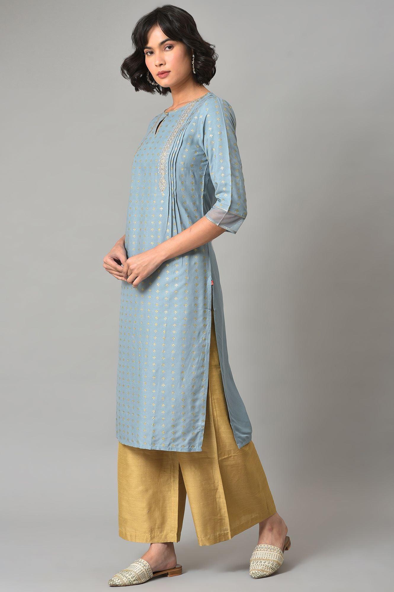 Light Blue Embroidered kurta With Gold Parallel Pants - Image 3