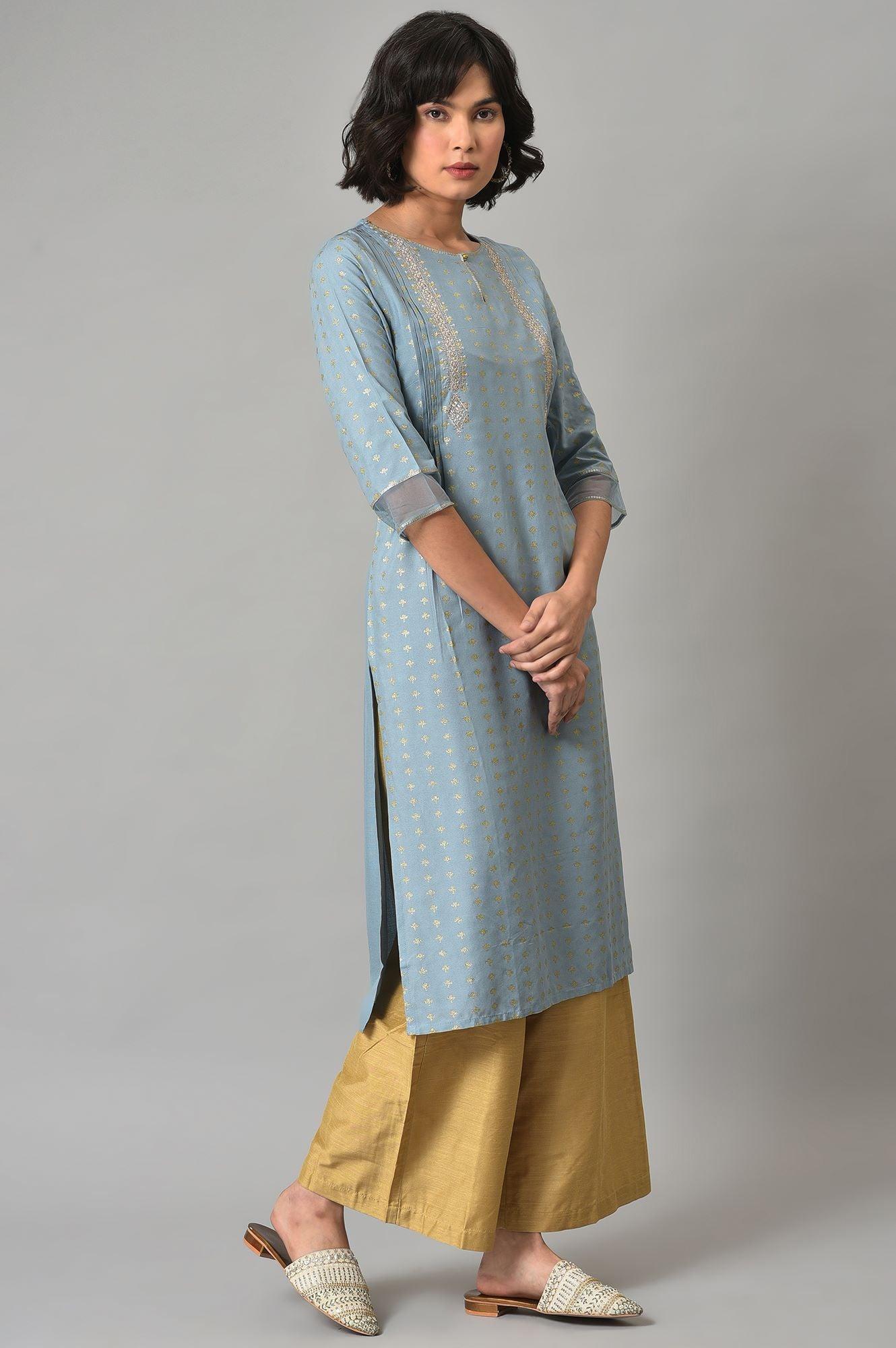 Light Blue Embroidered kurta With Gold Parallel Pants - Image 4