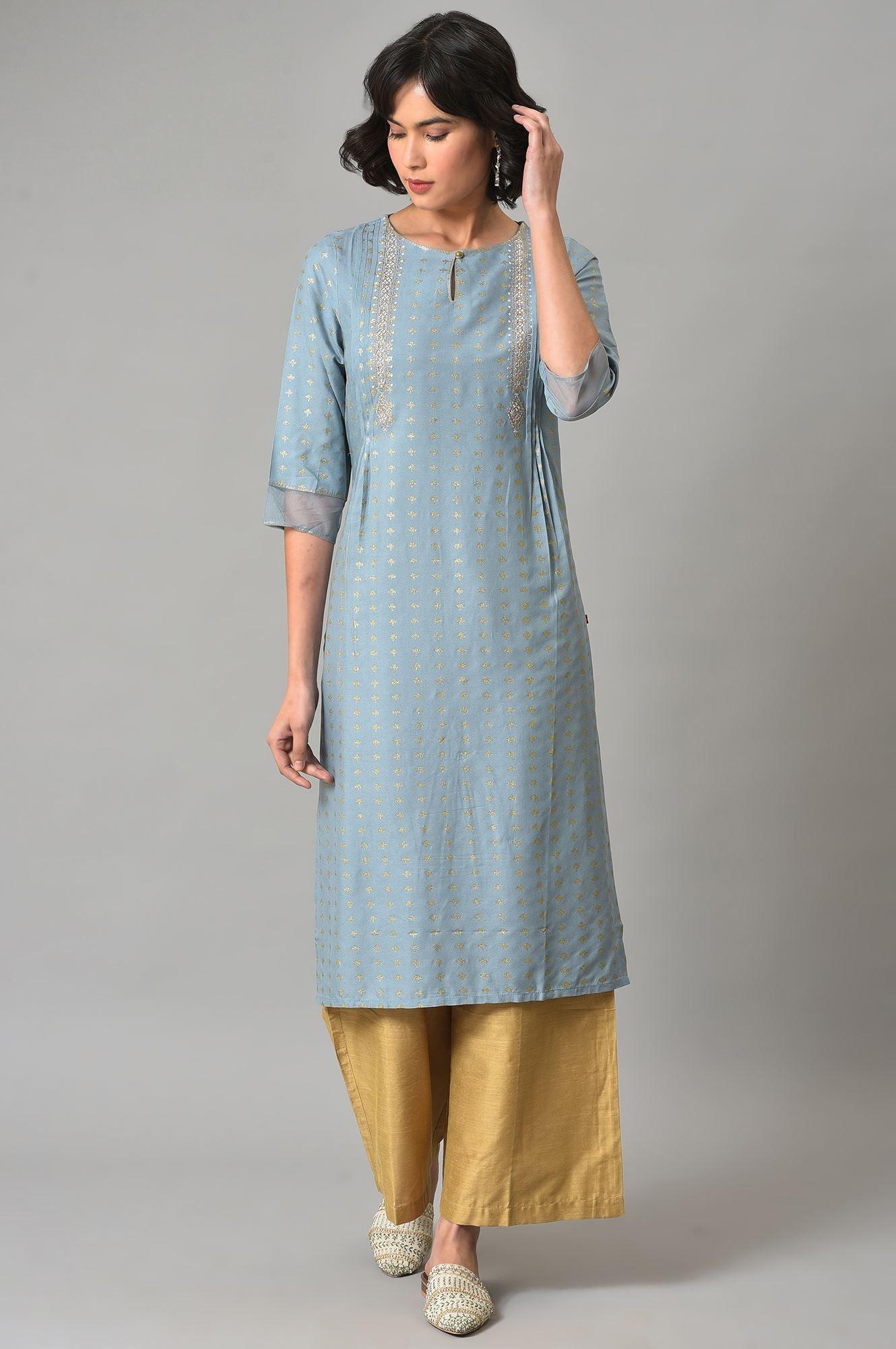 Light Blue Embroidered kurta With Gold Parallel Pants - Image 6