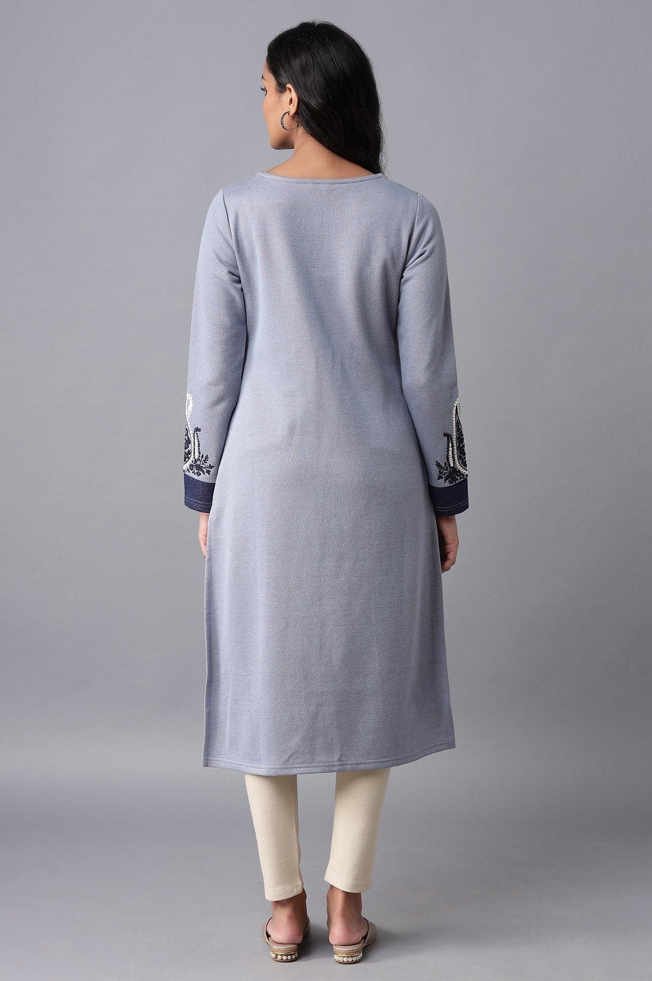 Light Blue Embroidered Winter kurta - Image 2