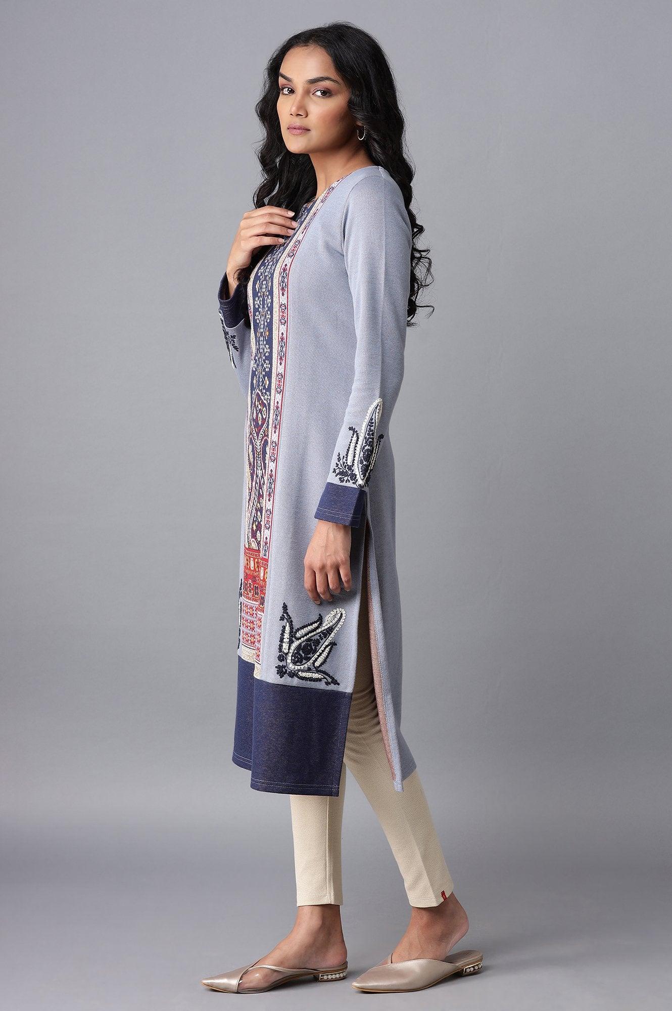 Light Blue Embroidered Winter kurta - Image 3