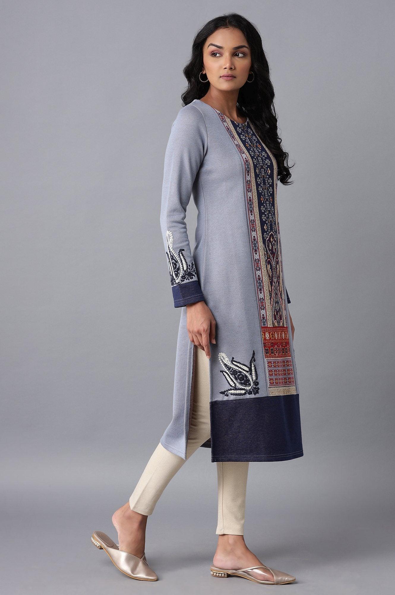 Light Blue Embroidered Winter kurta - Image 4