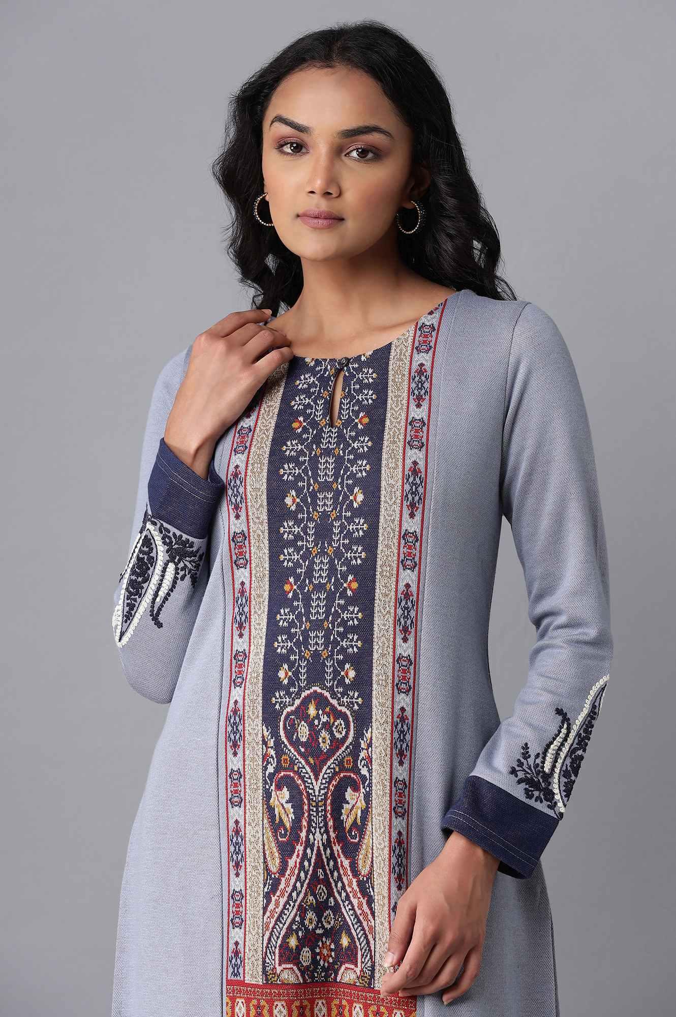 Light Blue Embroidered Winter kurta - Image 5