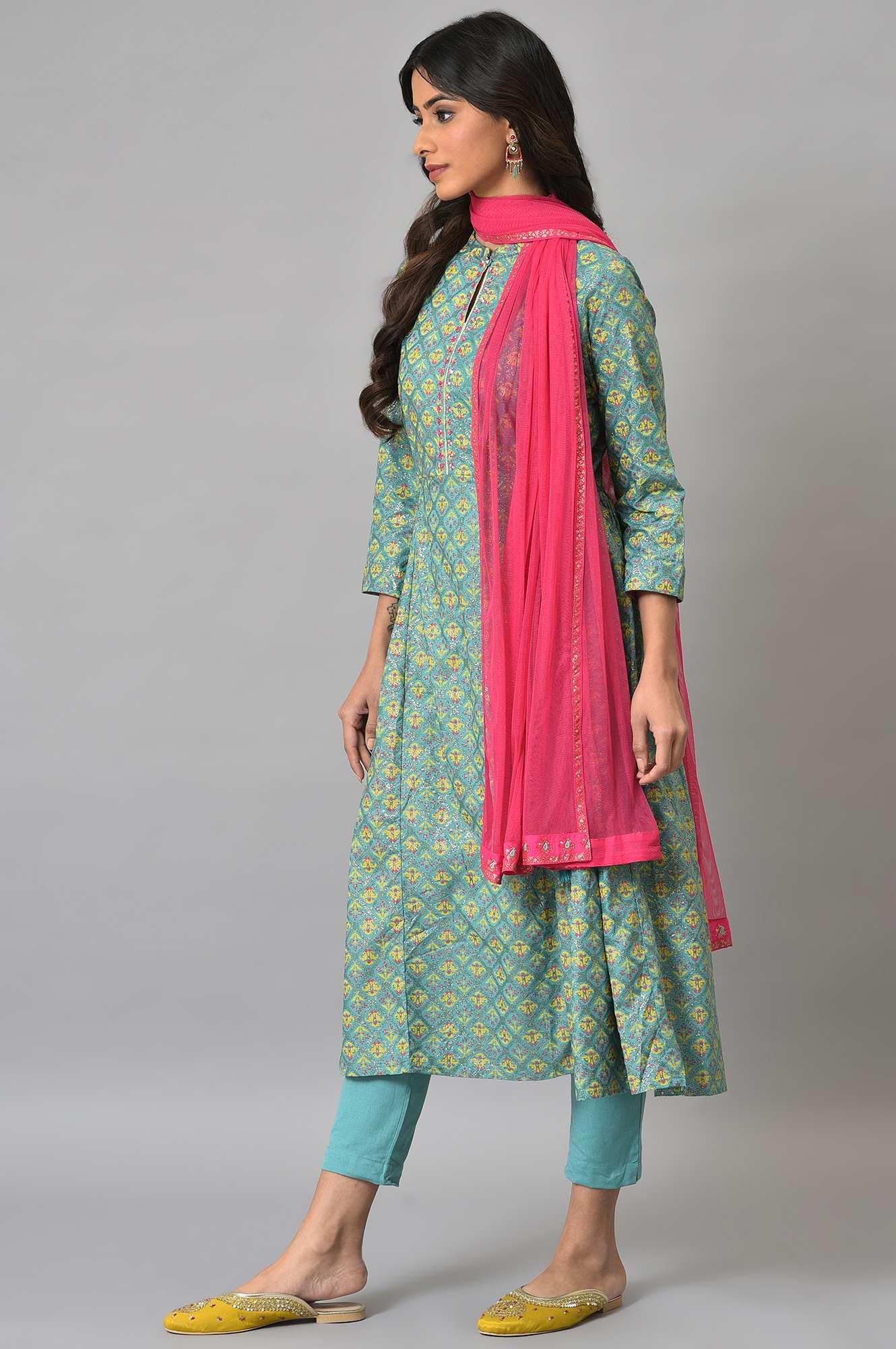 Light Blue Flared Printer kurta With Slim Pants And Pink Dupatta - Image 3