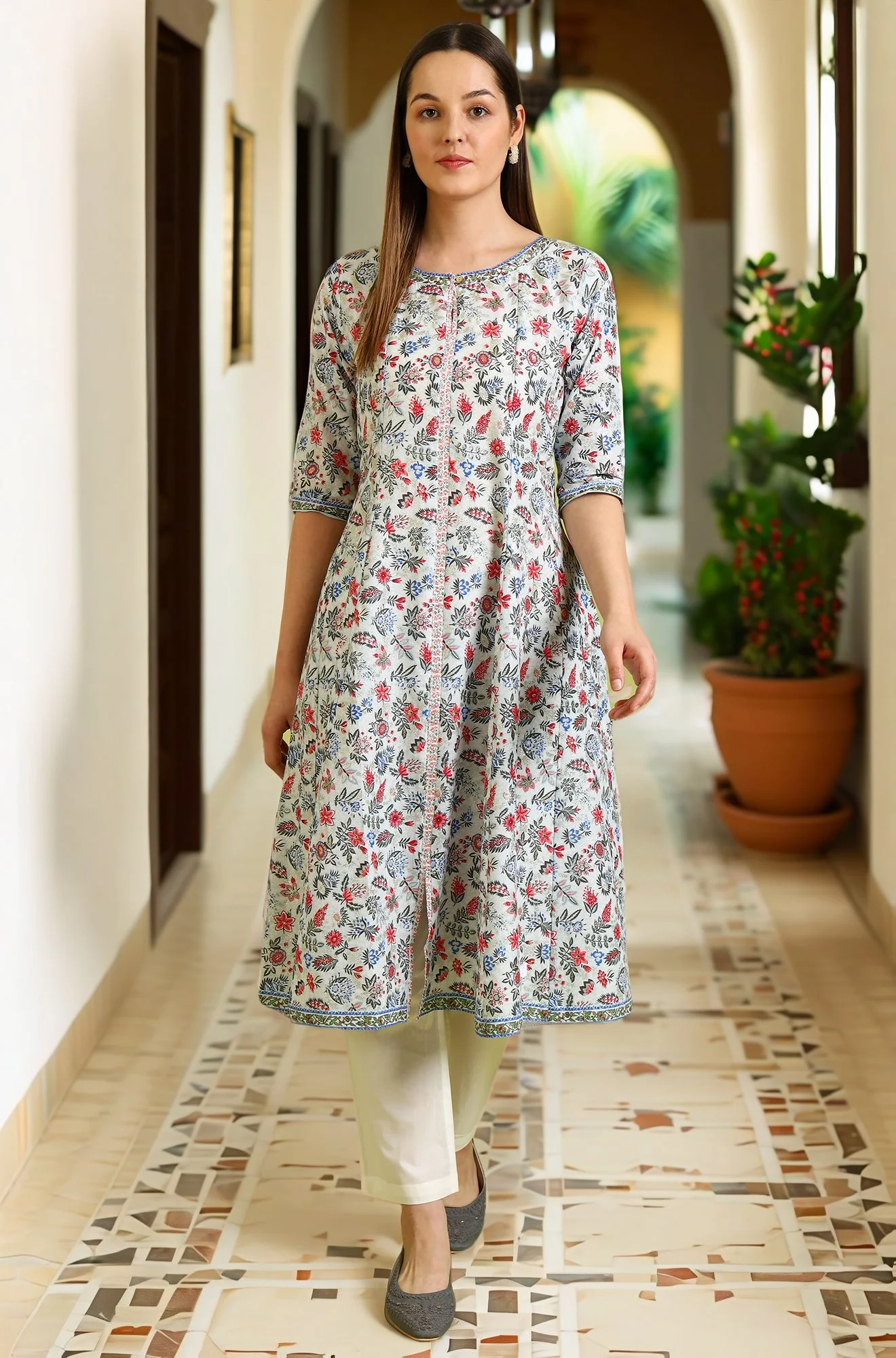 Light Blue Floral Glitter Printed Pure Cotton Anarkali Kurta and Pants Set