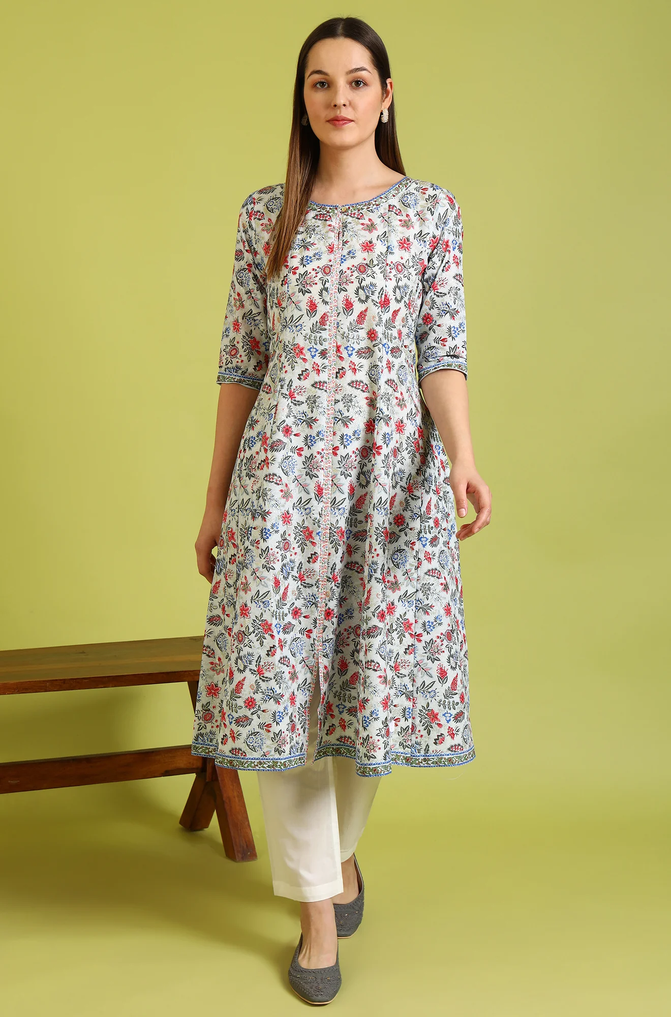 Light Blue Floral Glitter Printed Pure Cotton Anarkali Kurta and Pants Set - Image 2