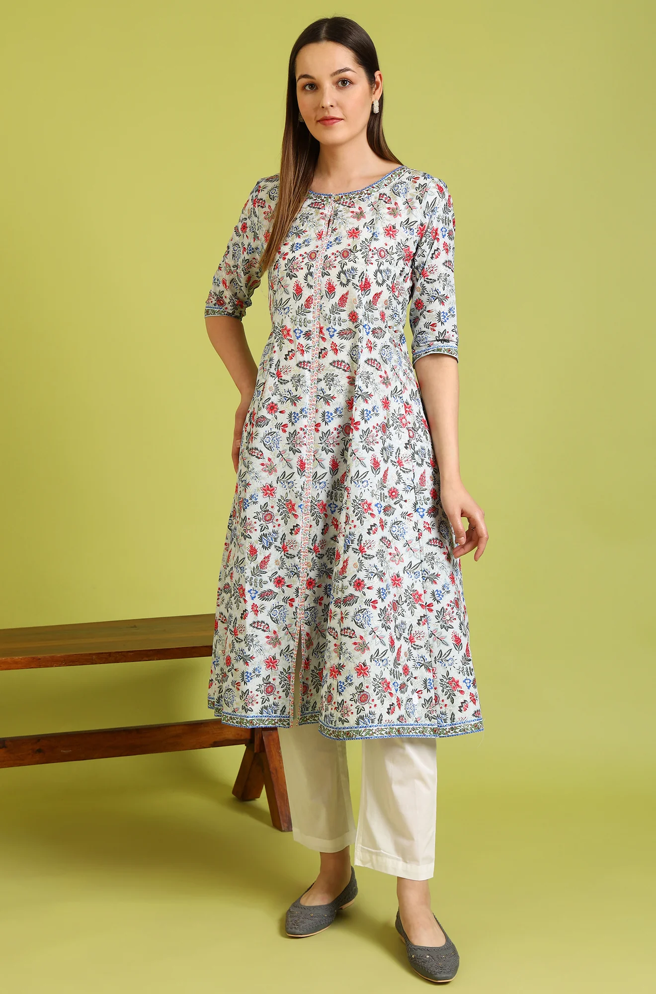 Light Blue Floral Glitter Printed Pure Cotton Anarkali Kurta and Pants Set - Image 3