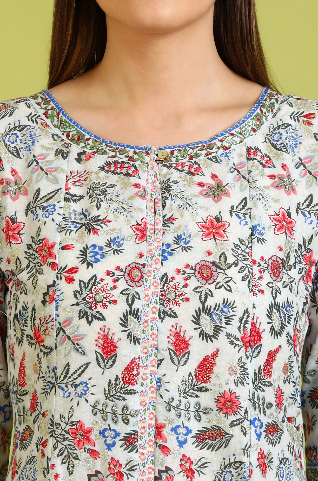 Light Blue Floral Glitter Printed Pure Cotton Anarkali Kurta and Pants Set - Image 4