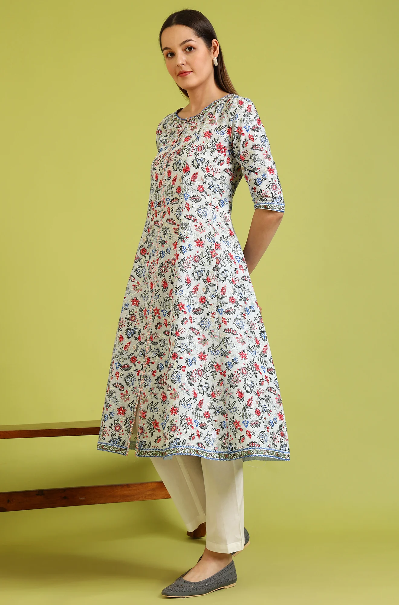 Light Blue Floral Glitter Printed Pure Cotton Anarkali Kurta and Pants Set - Image 5