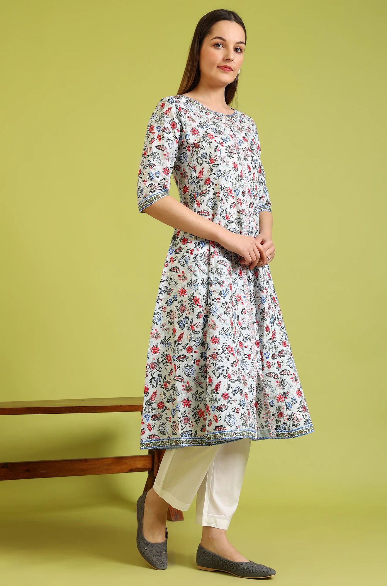 Light Blue Floral Glitter Printed Pure Cotton Anarkali Kurta and Pants Set - Image 6