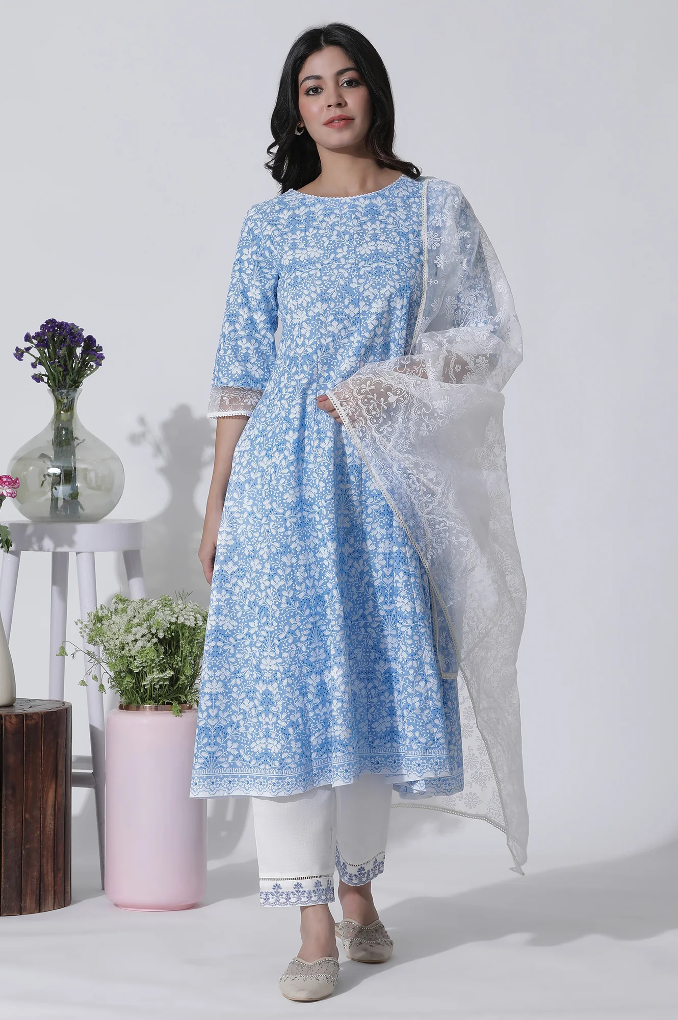 Light Blue Floral Printed Flared Kurta, Straight Pants And Dupatta Set - Image 2