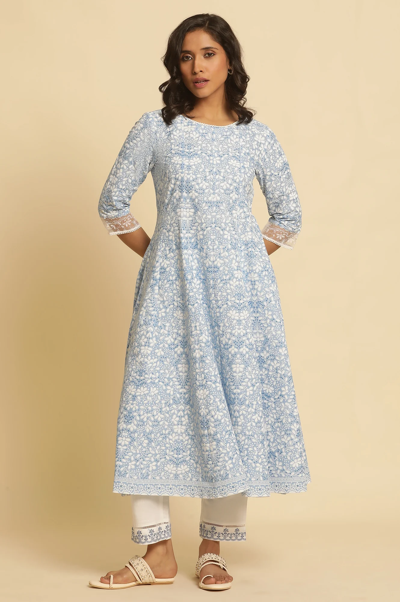 Light Blue Floral Printed Pure Cotton Anarkali Kurta - Image 2