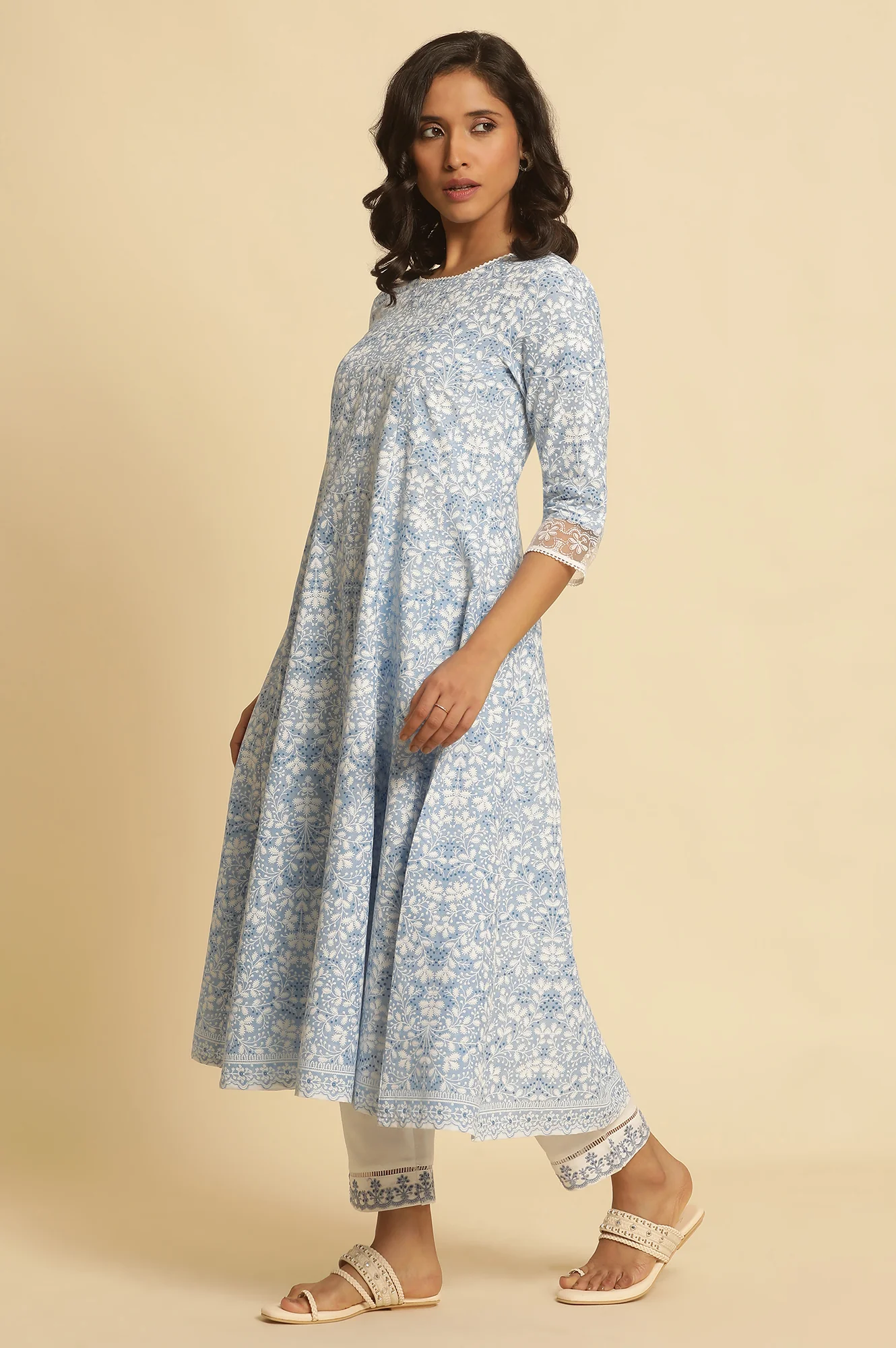 Light Blue Floral Printed Pure Cotton Anarkali Kurta - Image 3