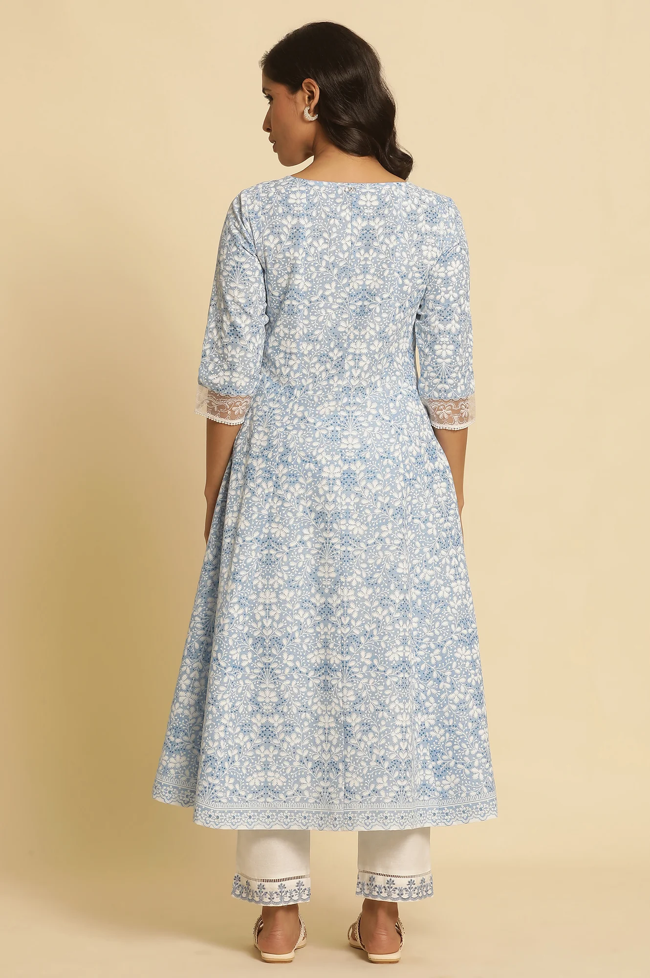 Light Blue Floral Printed Pure Cotton Anarkali Kurta - Image 4
